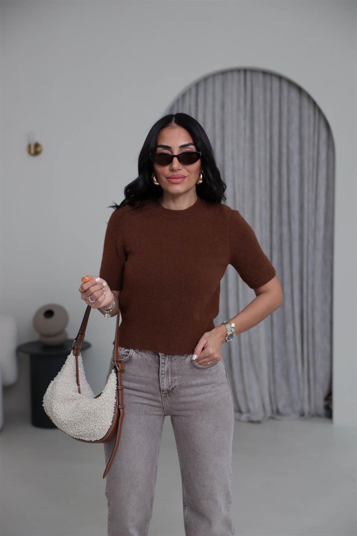 4767 Bisiklet Yaka Kısa Kol Triko Bluz KAHVE