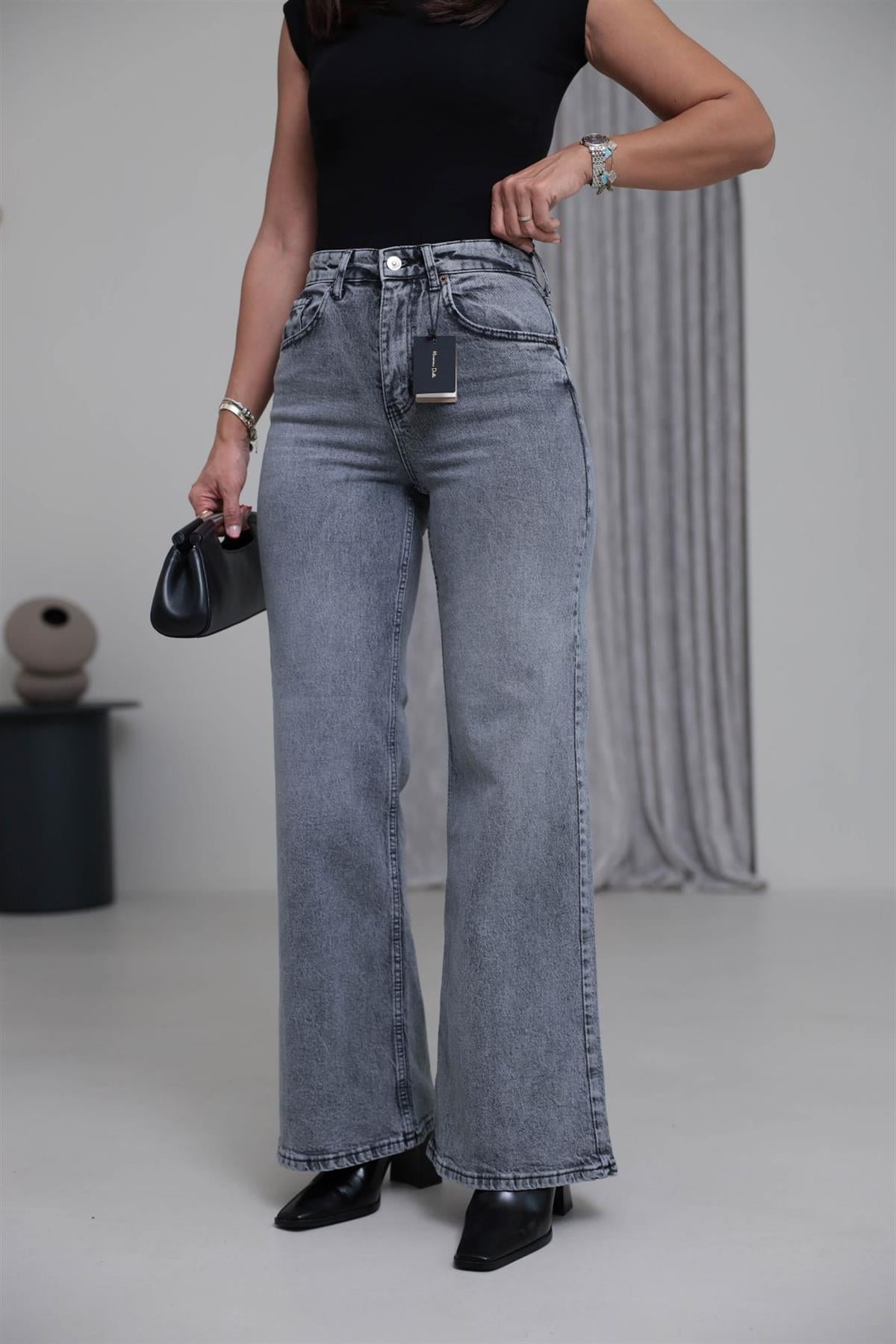 Yüksek Bel Wide Leg Jean GRİ