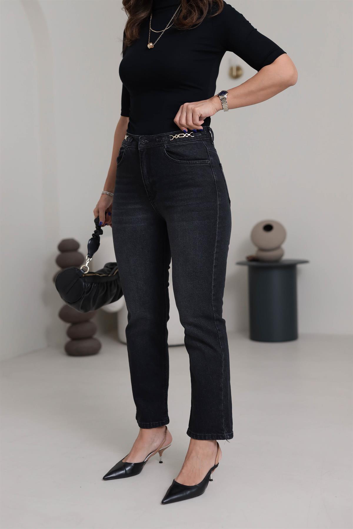 1752 Yüksek Bel Zincir Aksesuar detaylı Pantolon FÜME