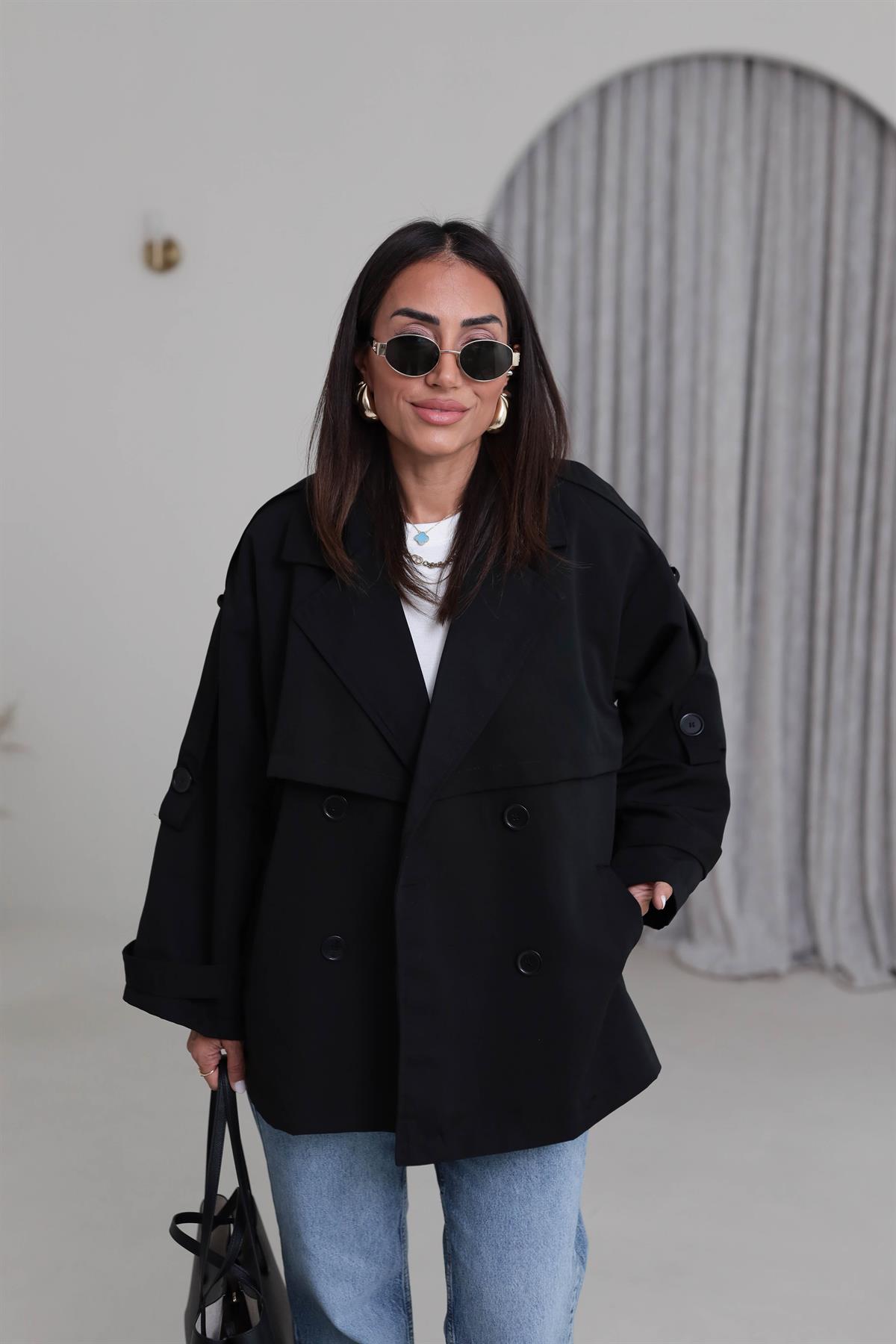 2019 Apoletli Kuşaklı Kısa Trençkot SİYAH