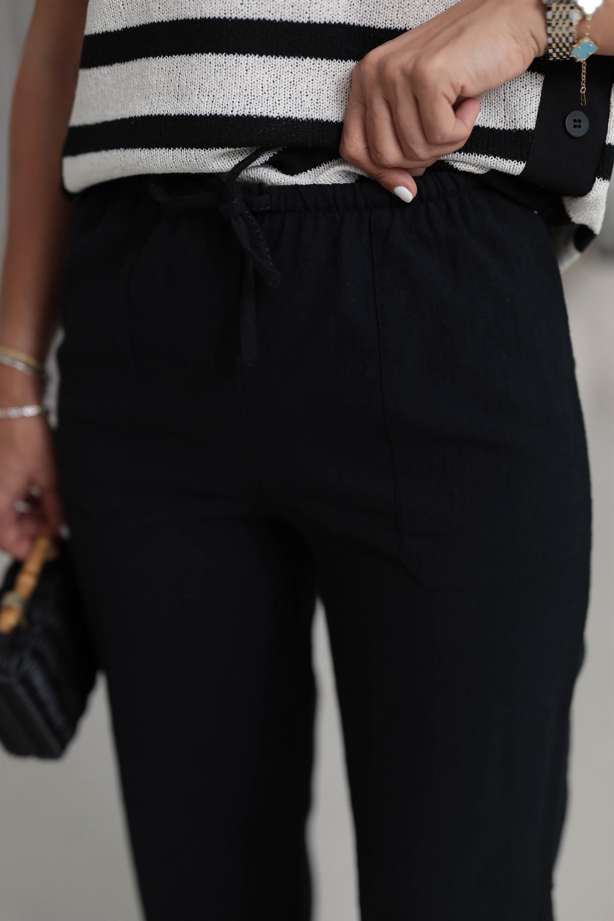 1646 Keten Kordonlu Pantolon SİYAH