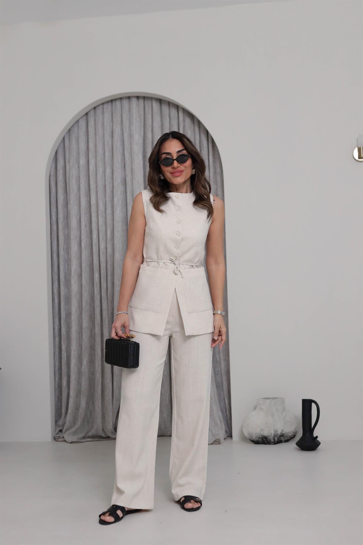 8602 Çift Cepli Keten Yelek Takım TAŞ