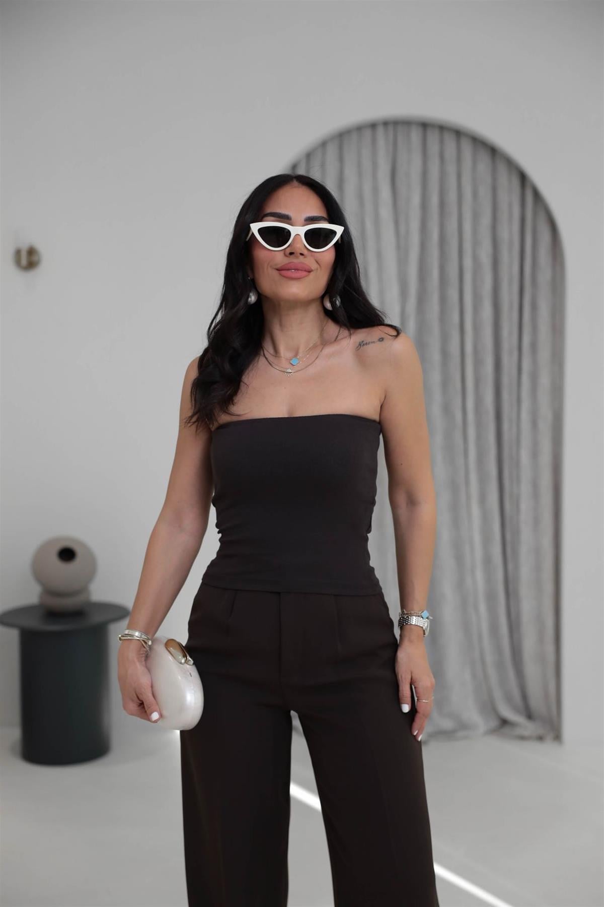 0659 Pamuklu Straplez Body KOYU KAHVE