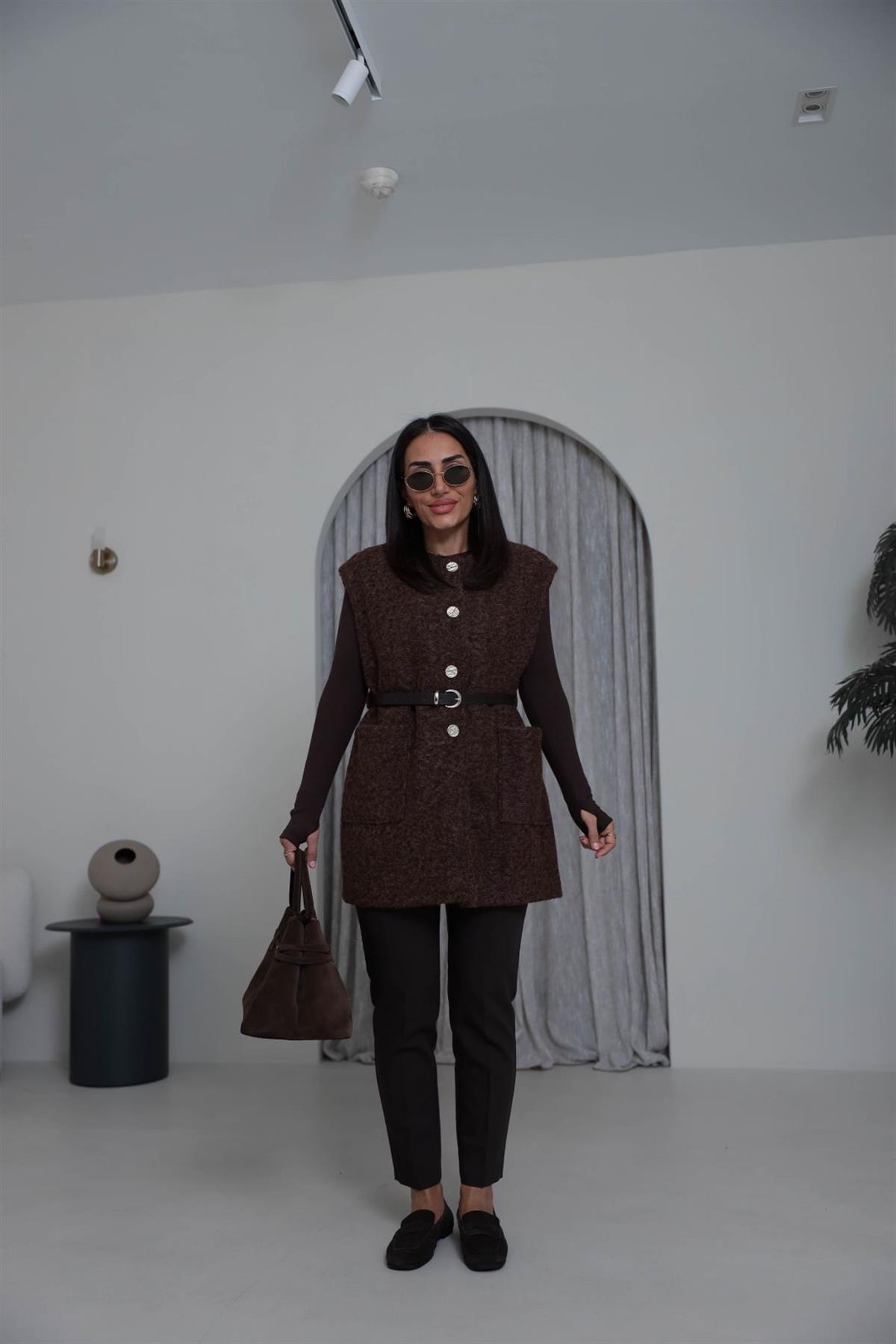 9187 Düğme Ve Kemer Detay Buklet Yelek KAHVE