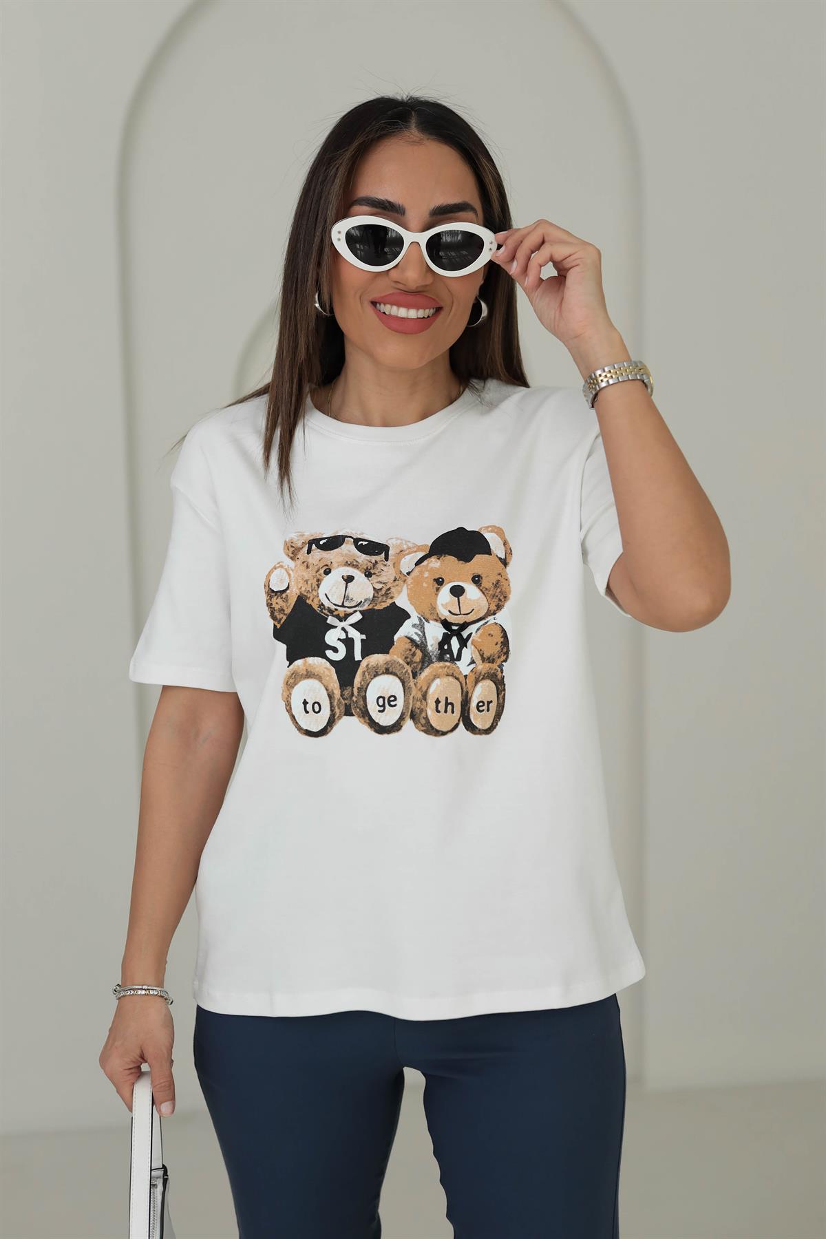 7878 Tedy Baskılı Bisiklet Yaka Tshirt BEYAZ