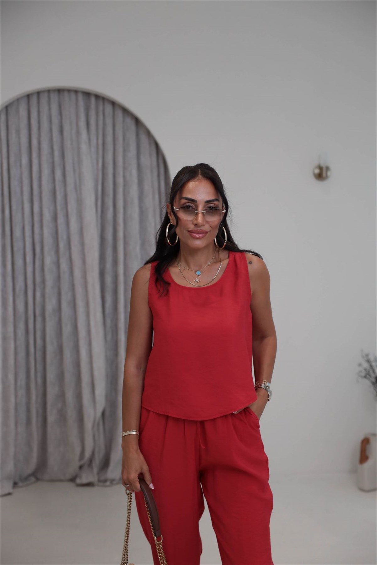 3089 Tencel Kumaş Kolsuz Takım KIRMIZI