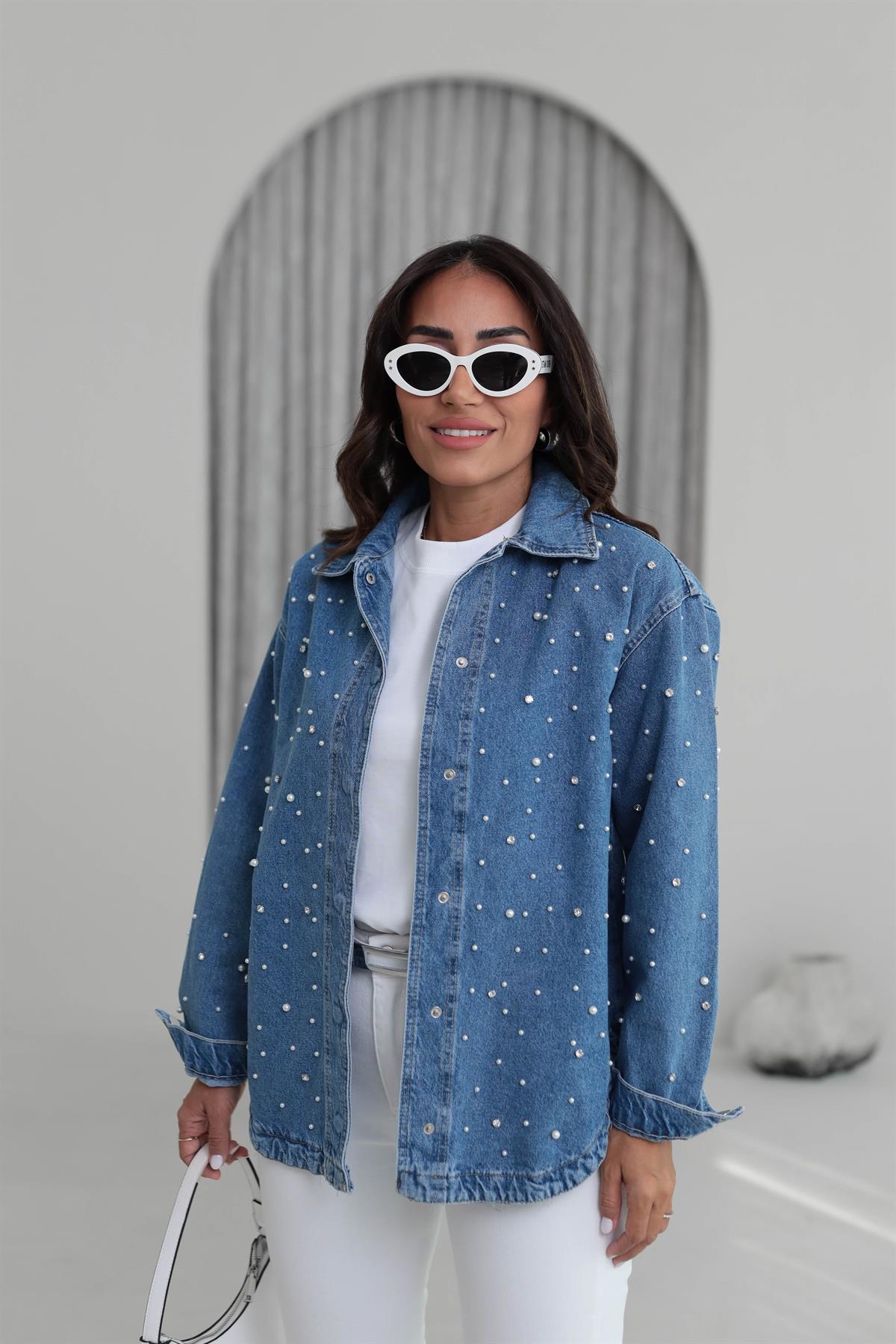 6696 İnci Ve Taş İşlemeli Kot Ceket MAVİ