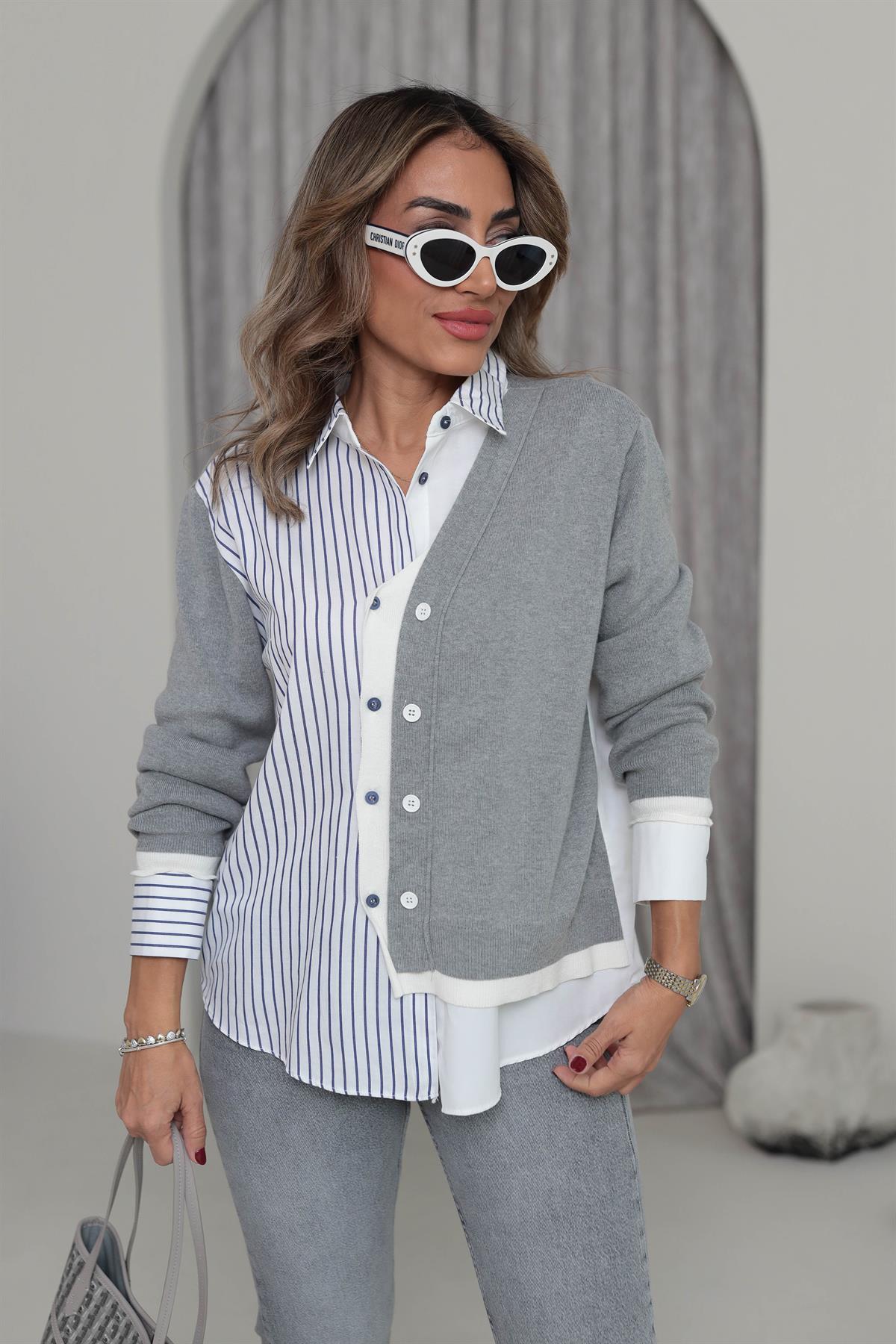 8912 Triko Garnili Manşetli Gömlek