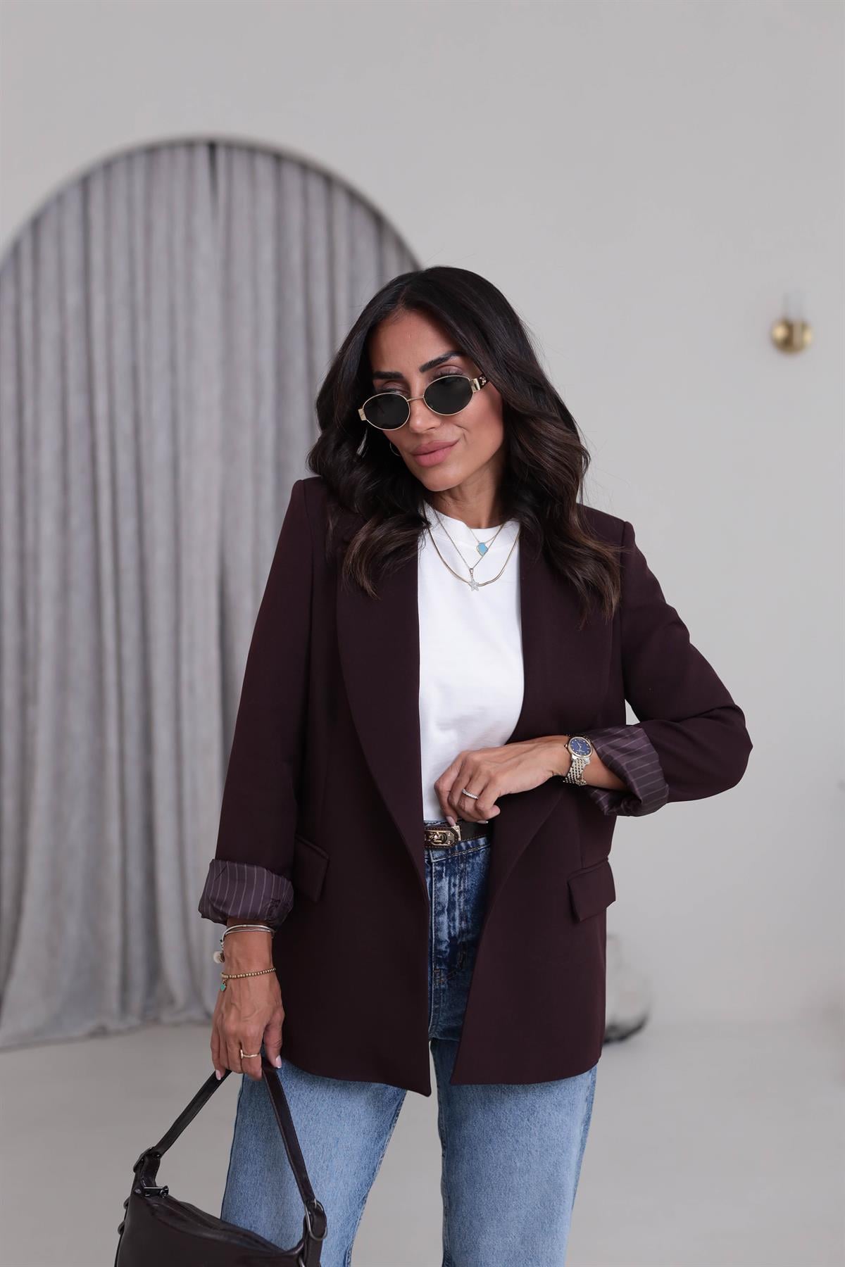 7560 Kol Katlamalı Cep Detaylı Astarlı Ceket MÜRDÜM