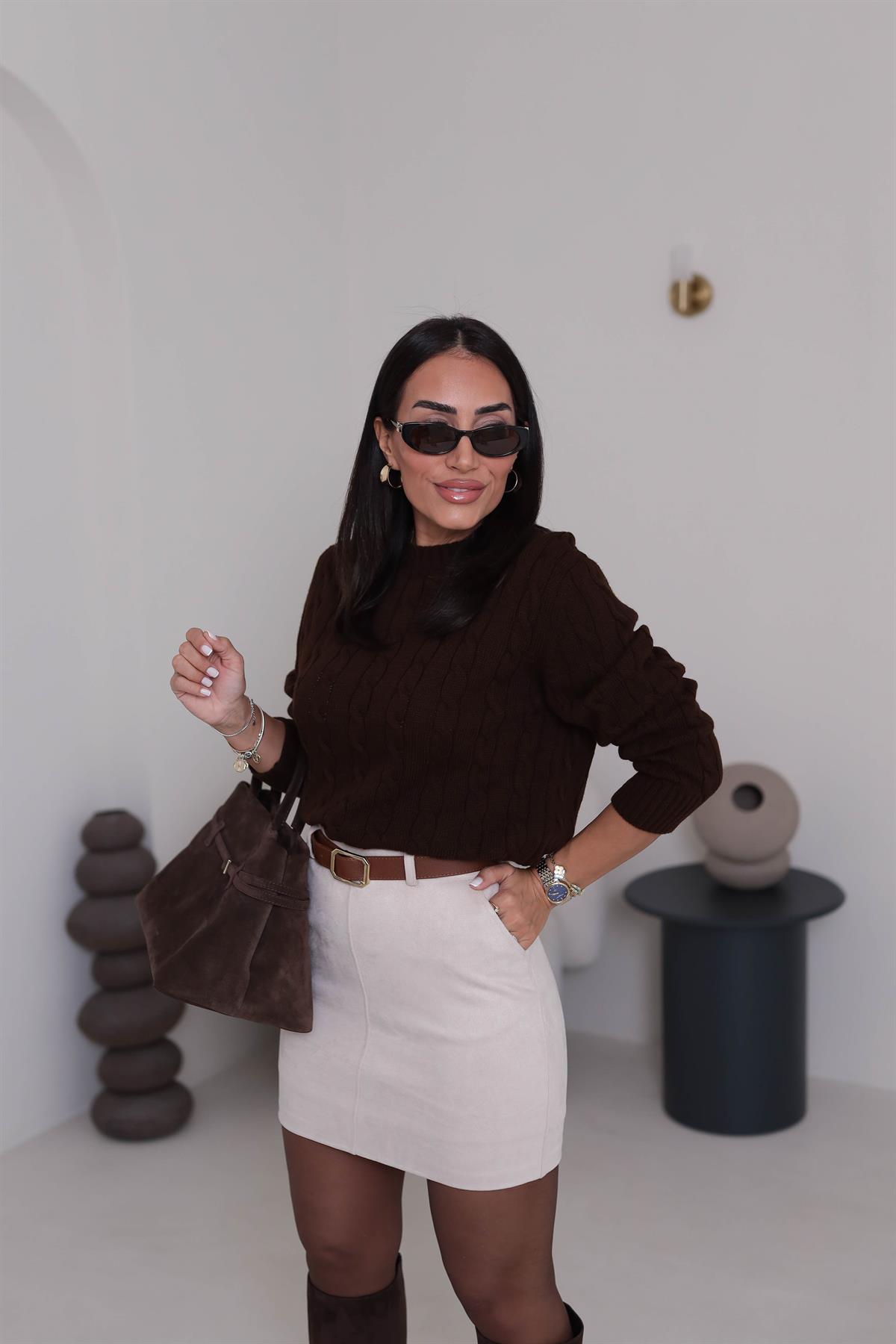 Bisiklet Yaka Örgü Kazak KAHVE