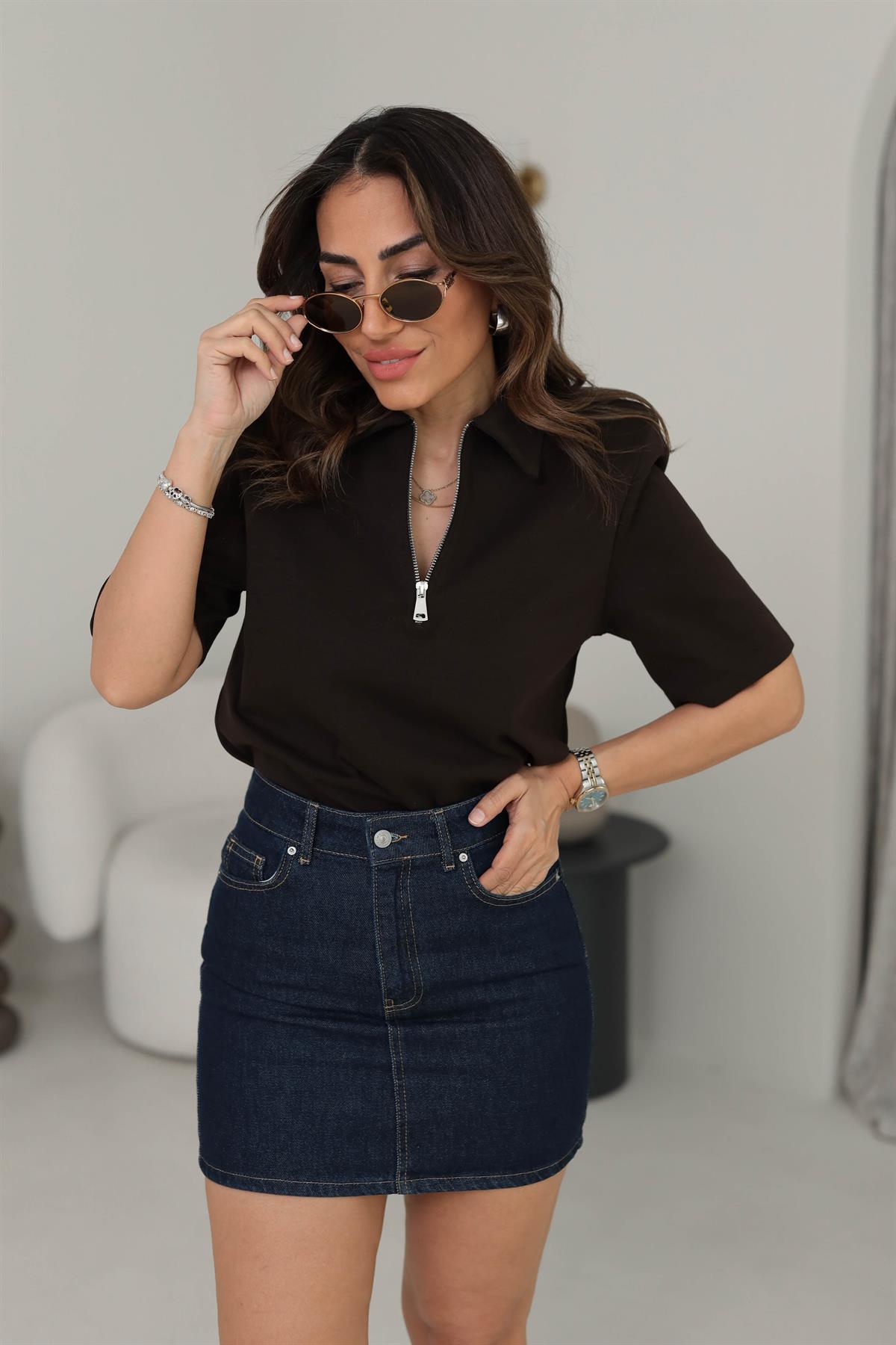 1008 Polo Yaka Fermuarlı Tshirt ACI KAHVE