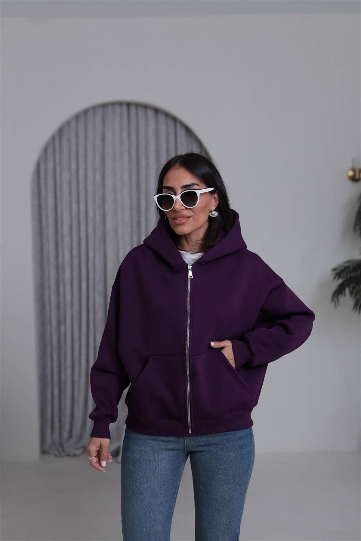 0822 Kapüşonlu Fermuarlı Şardonlu Sweatshirt MOR