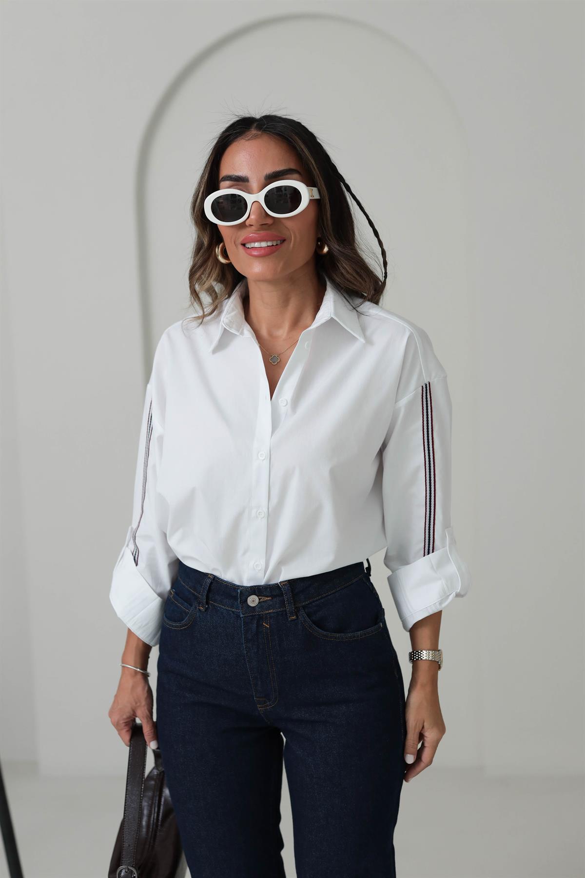 6431 Kol Katlamalı Biyeli Gömlek BEYAZ