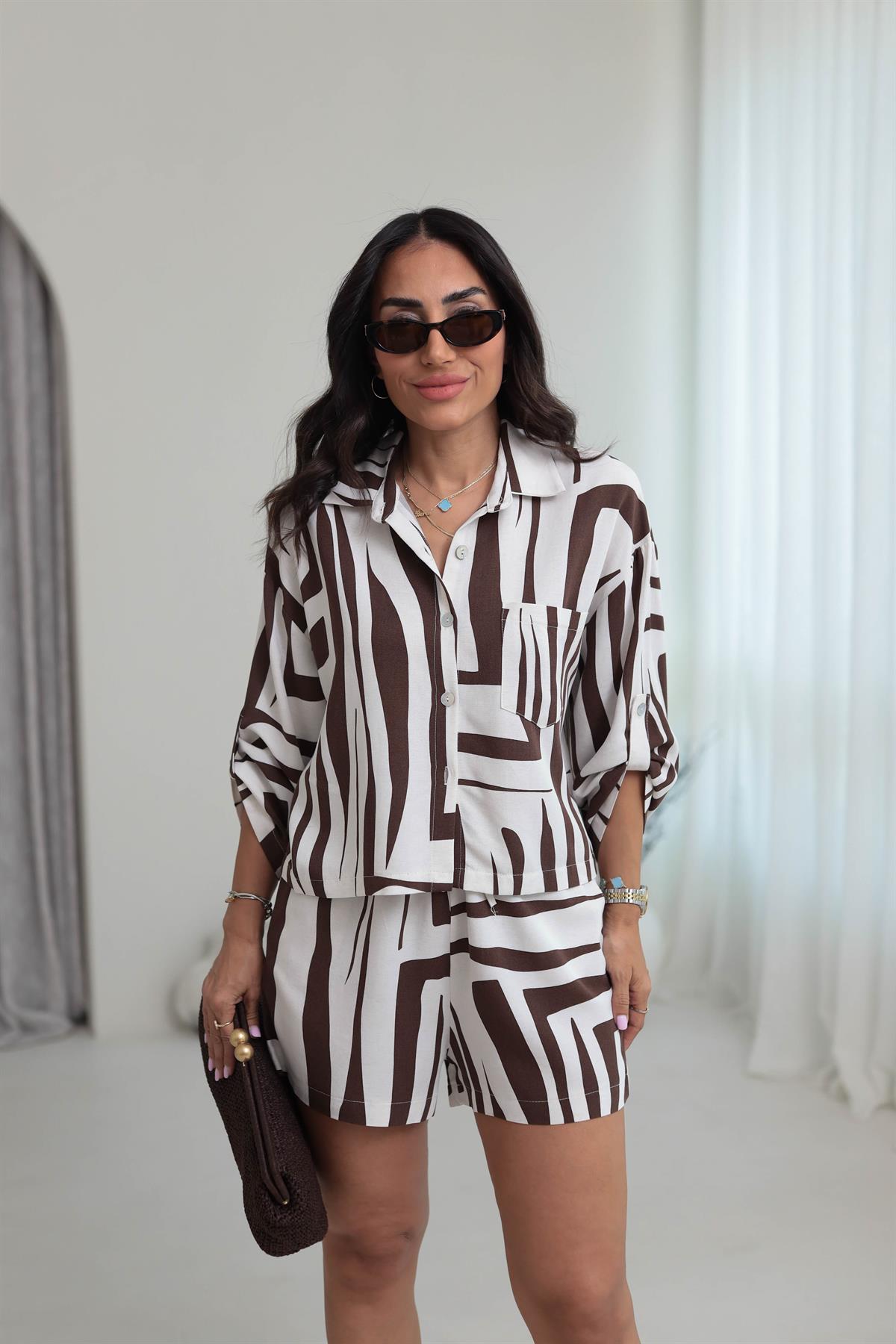 8760 Truvakar Kol Gömlek & Şort Keten Takım KAHVE