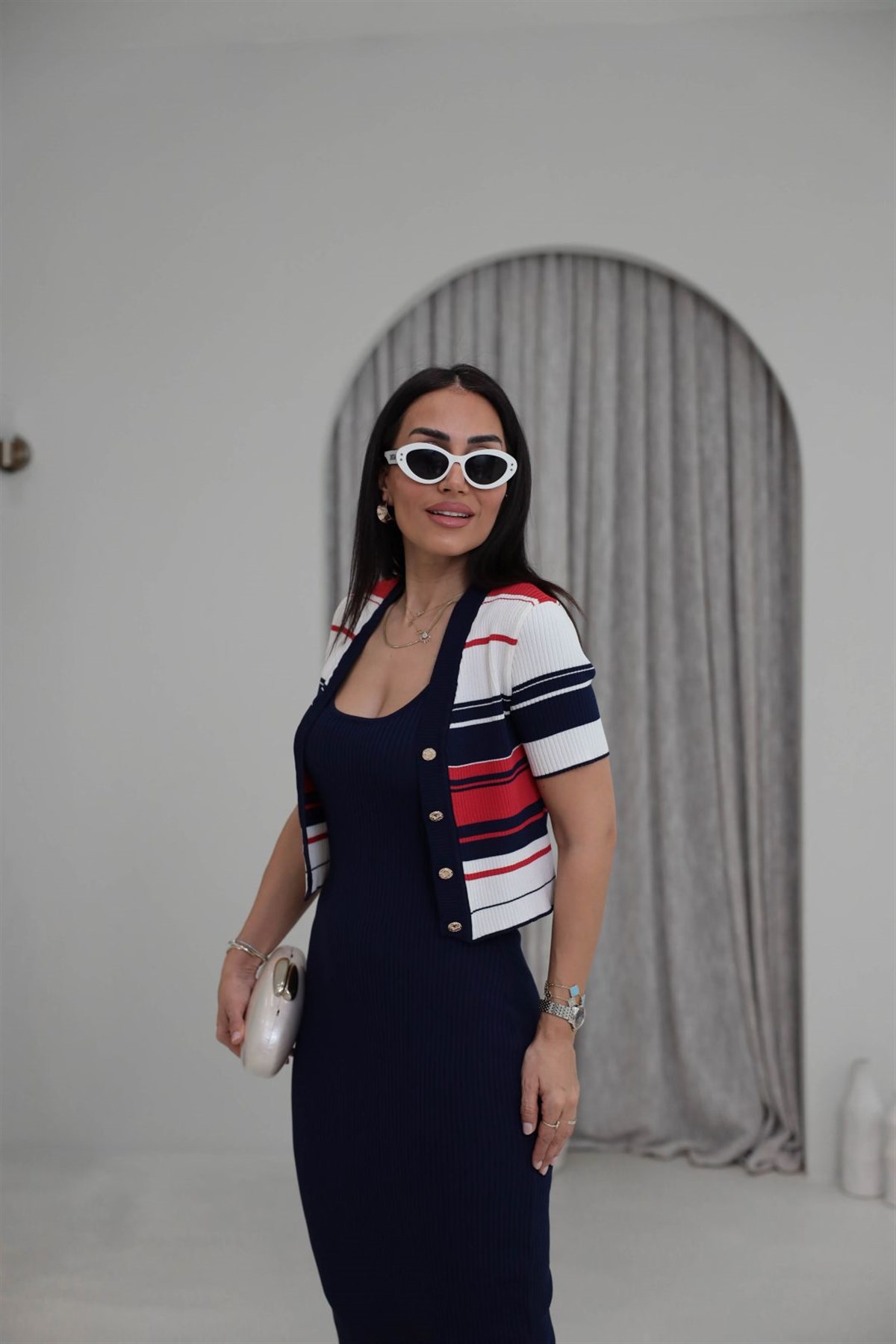 0624 Hırkalı Rayon Kumaş Triko Elbise LACİVERT