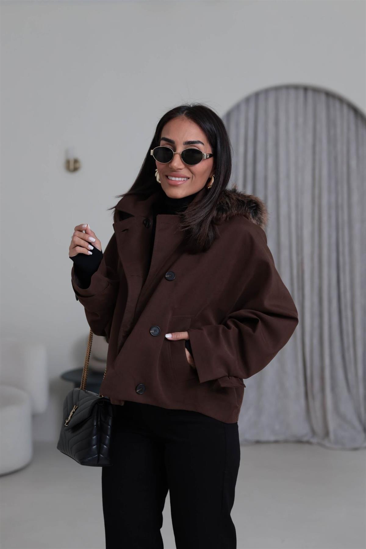 6856 Kürk Kapşonlu Parka KAHVE