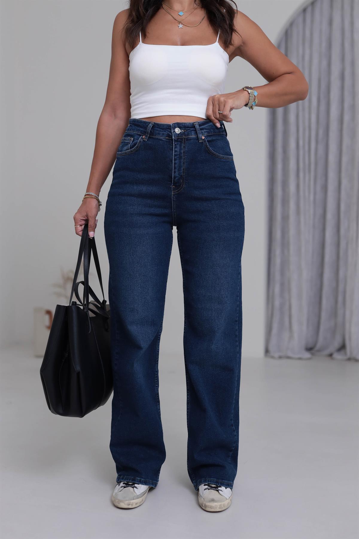1071 Yüksek Bel Dökümlü Palazzo Jean KOYU MAVİ