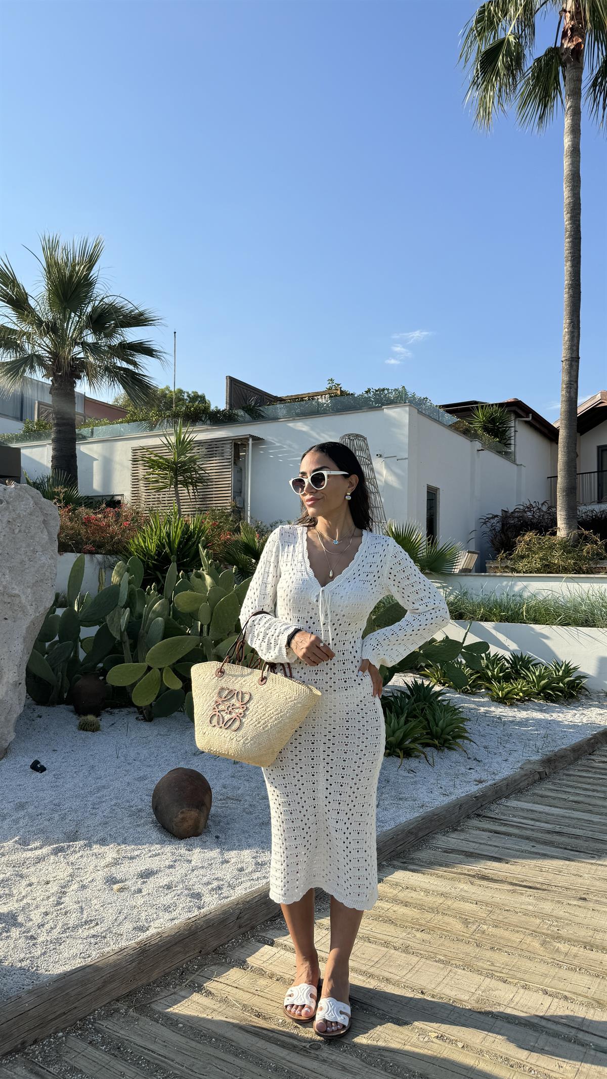 5246 Ajurlu V Yaka Beach Elbise EKRU