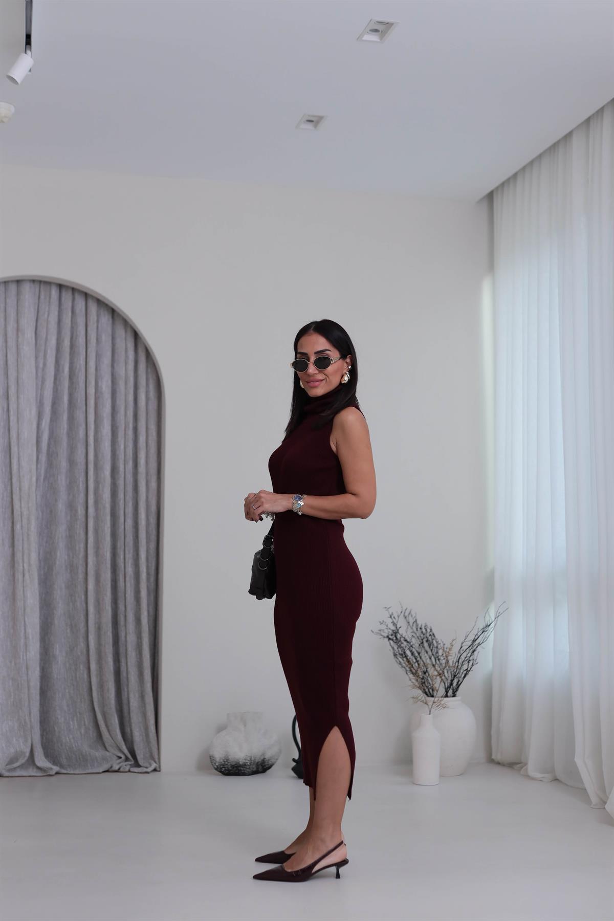 0117 Balıkçı Yaka Sıfır Kol Elbiseli Hırkalı Takım BORDO