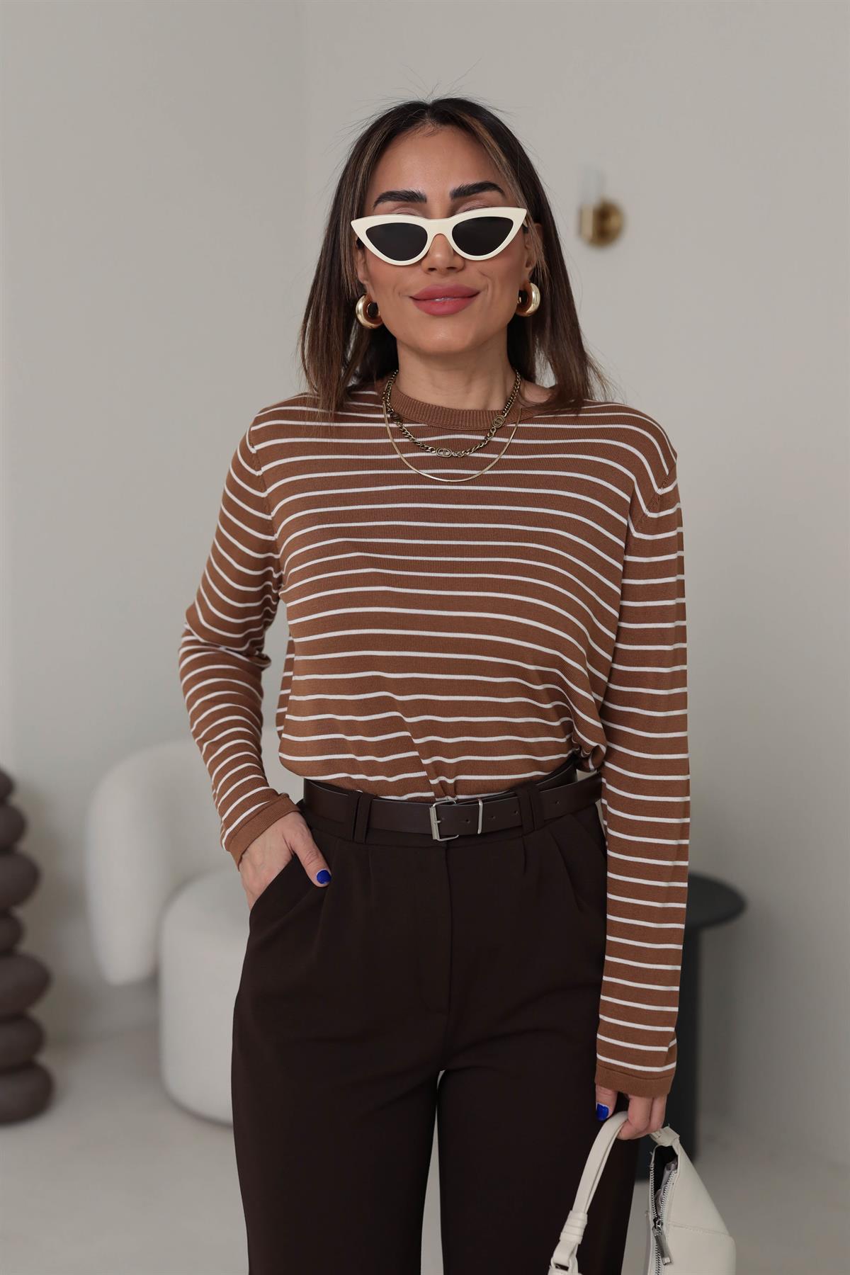 Çizgili Bisiklet Yaka Merzerize Triko TABA