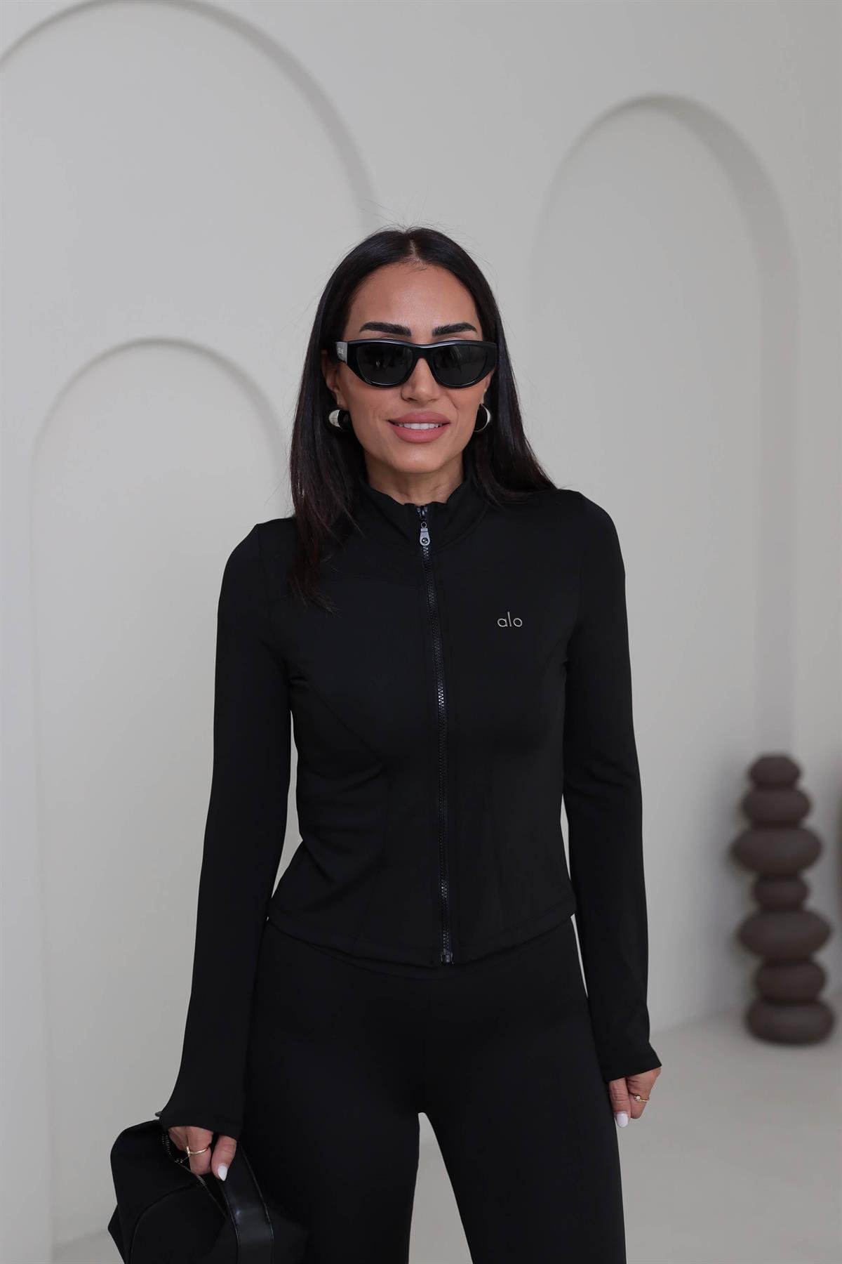 T001 Yazı Baskılı Fermuarlı Spor Ceket SİYAH