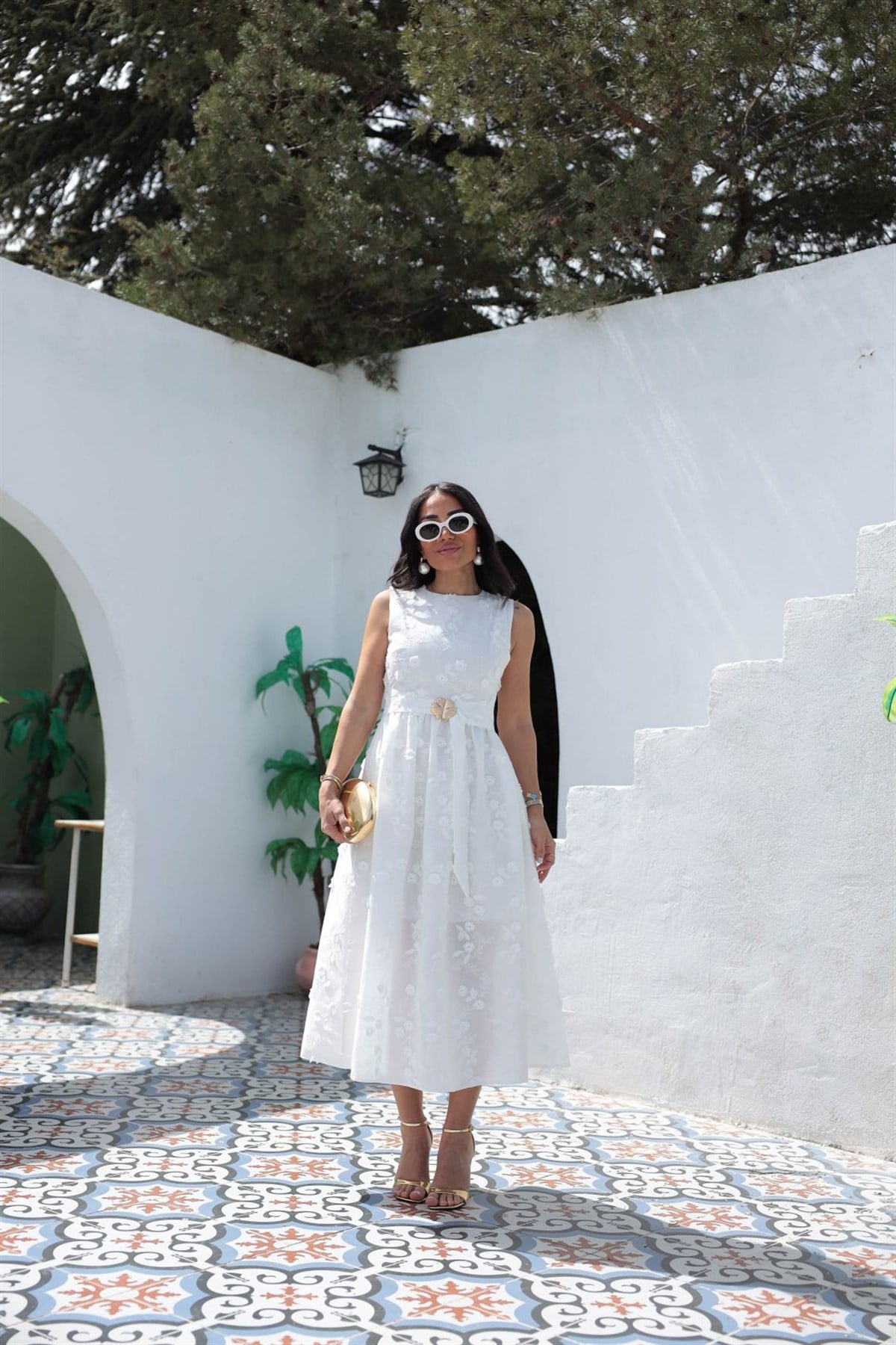 9596 İşleme Detaylı Kemerli Elbise BEYAZ