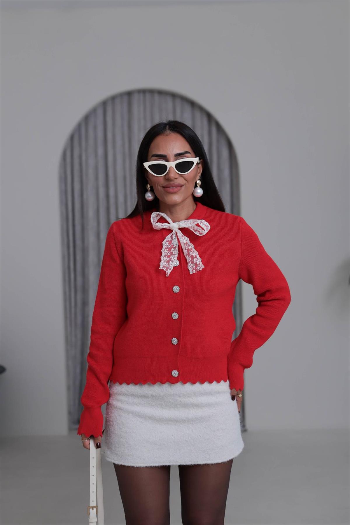 1088 Dantel Fularlı Triko Hırka NAR ÇİÇEĞİ