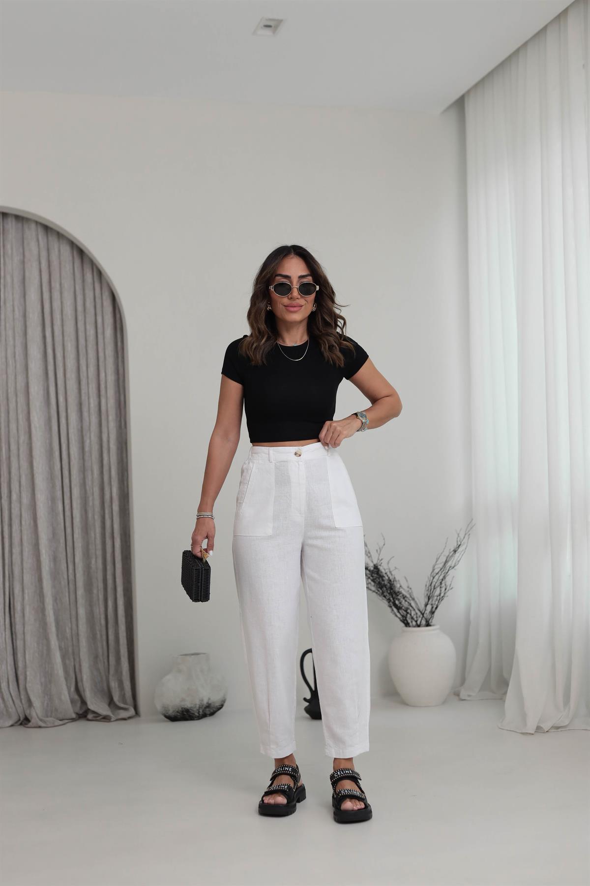 1711 Paçası Pensli Yan Cepli Keten Pantolon BEYAZ