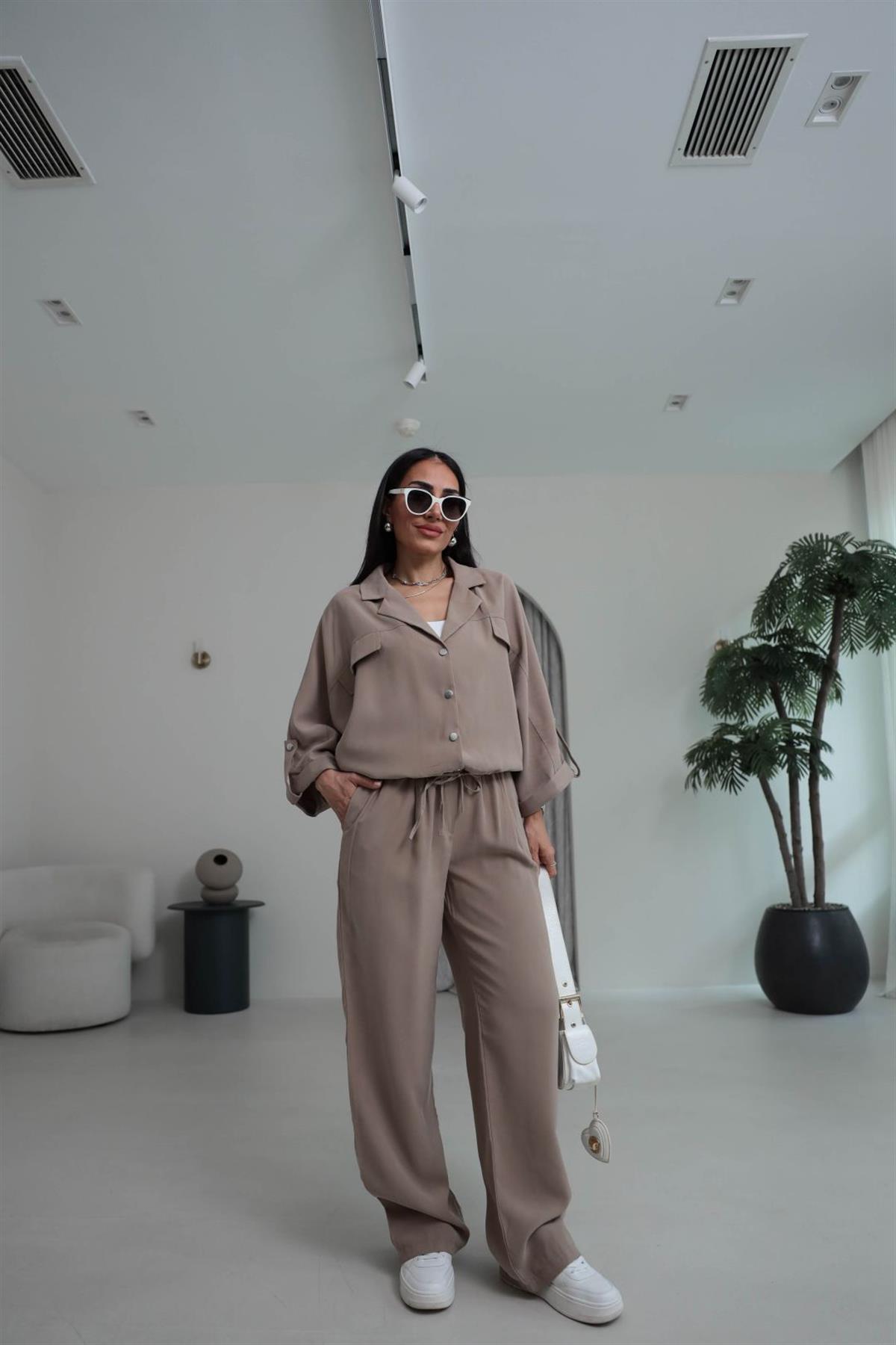 T0666 Tasarım Gabardin Tencel Takım CAMEL