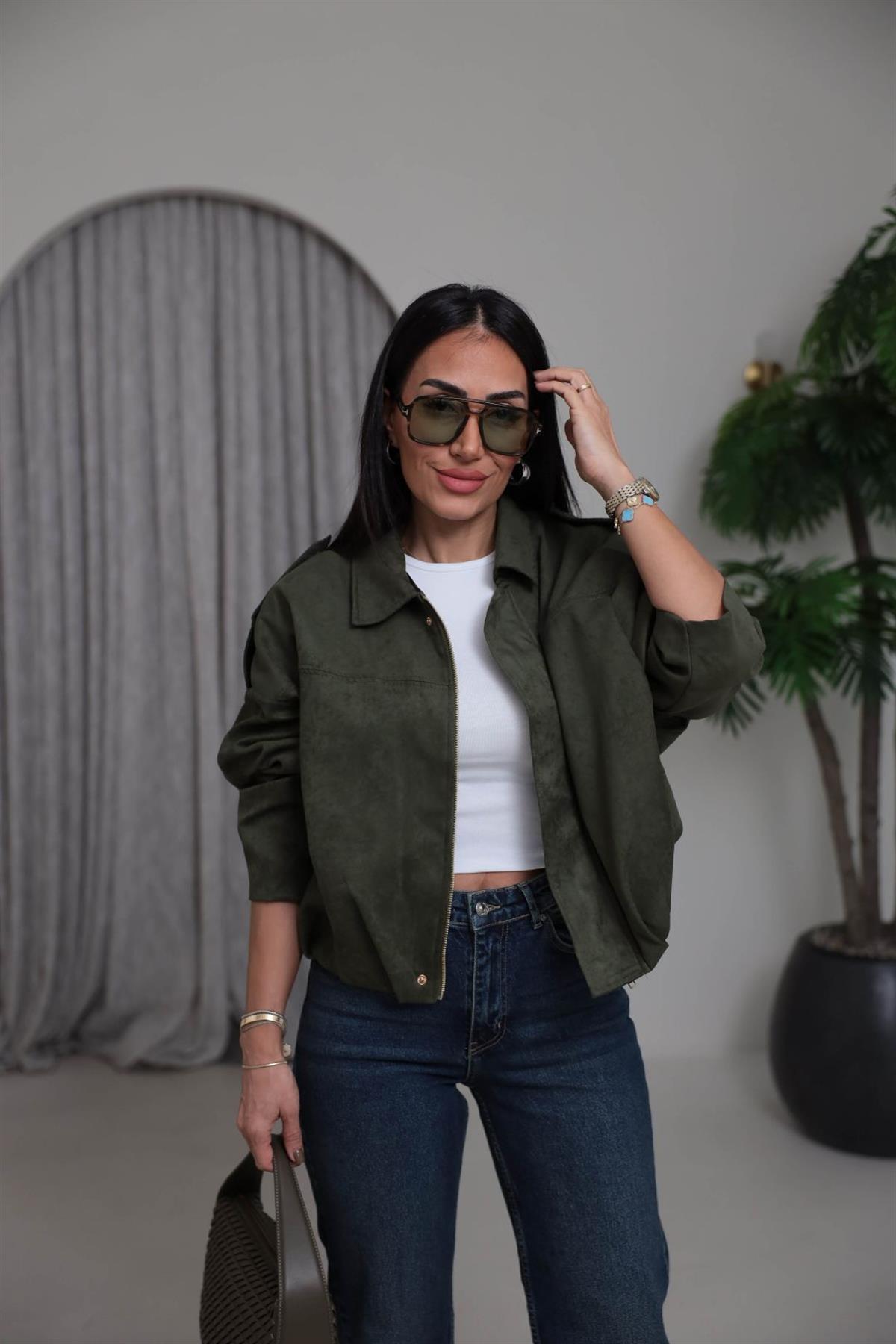 0493 Gömlek Yaka Apoletli Süet Bomber HAKİ YEŞİL