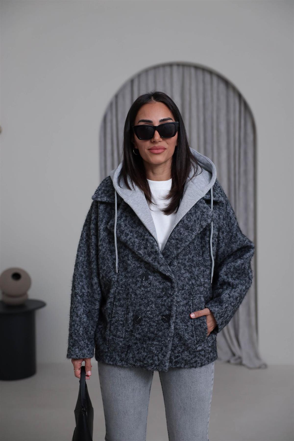 9690 Kapşon Detaylı Buklet Kaban GRİ-GRİ