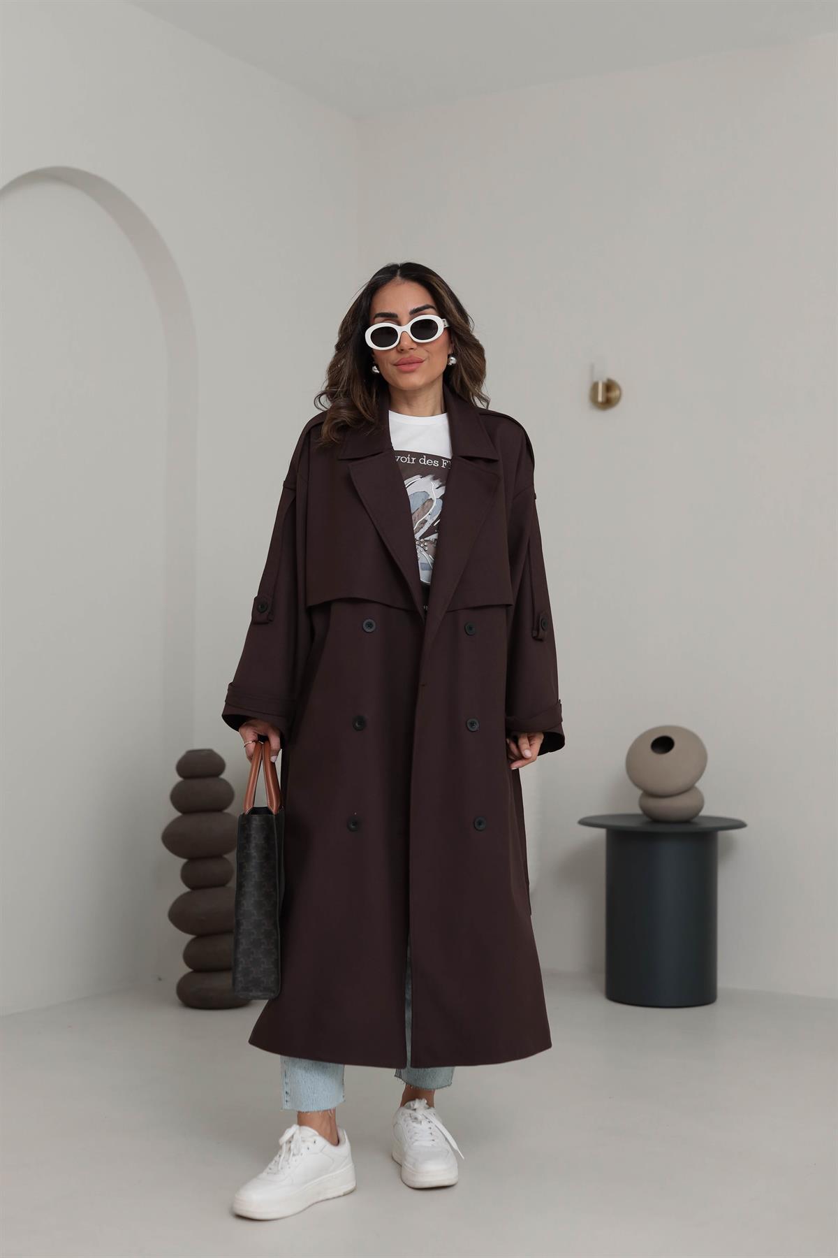 9476 Kol ve Omuz Apoletli Premium Trench ACI KAHVE