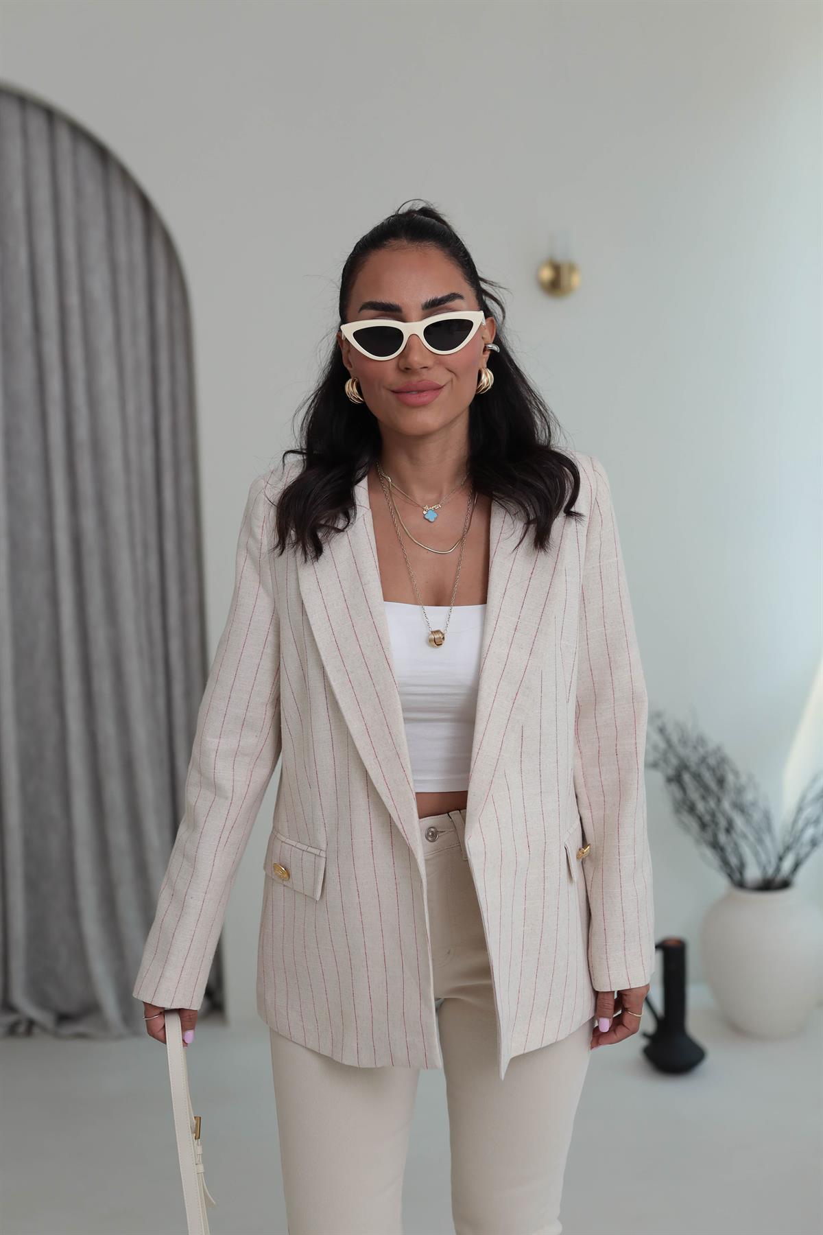 9296 Çizgili Gold Düğmeli Keten Ceket KIRMIZI