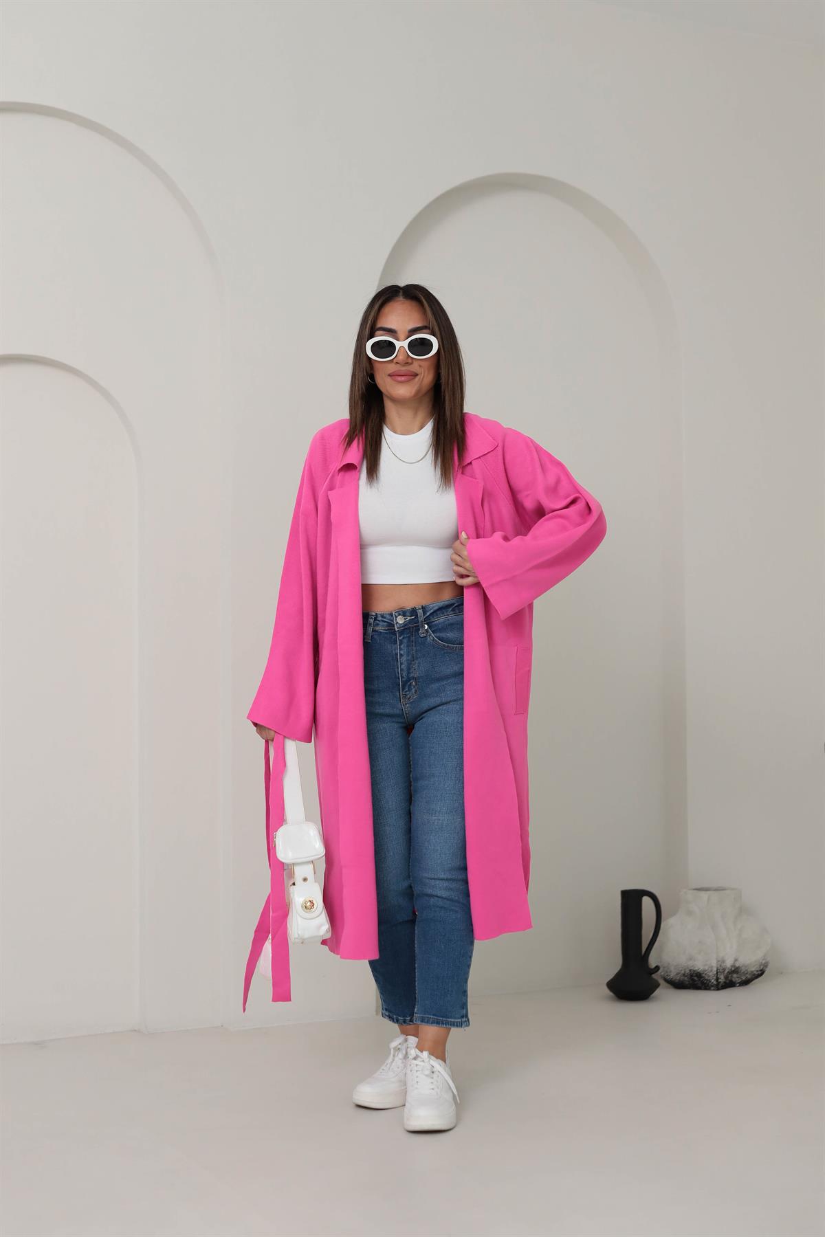 4064 Polo Yaka Triko Kemer Detaylı Hırka FUŞYA