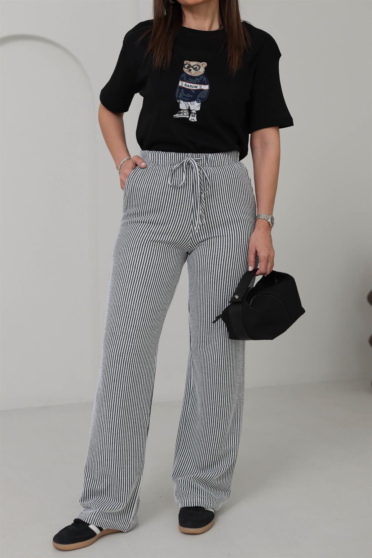 0146 Çizgili Rahat Pantolon SİYAH