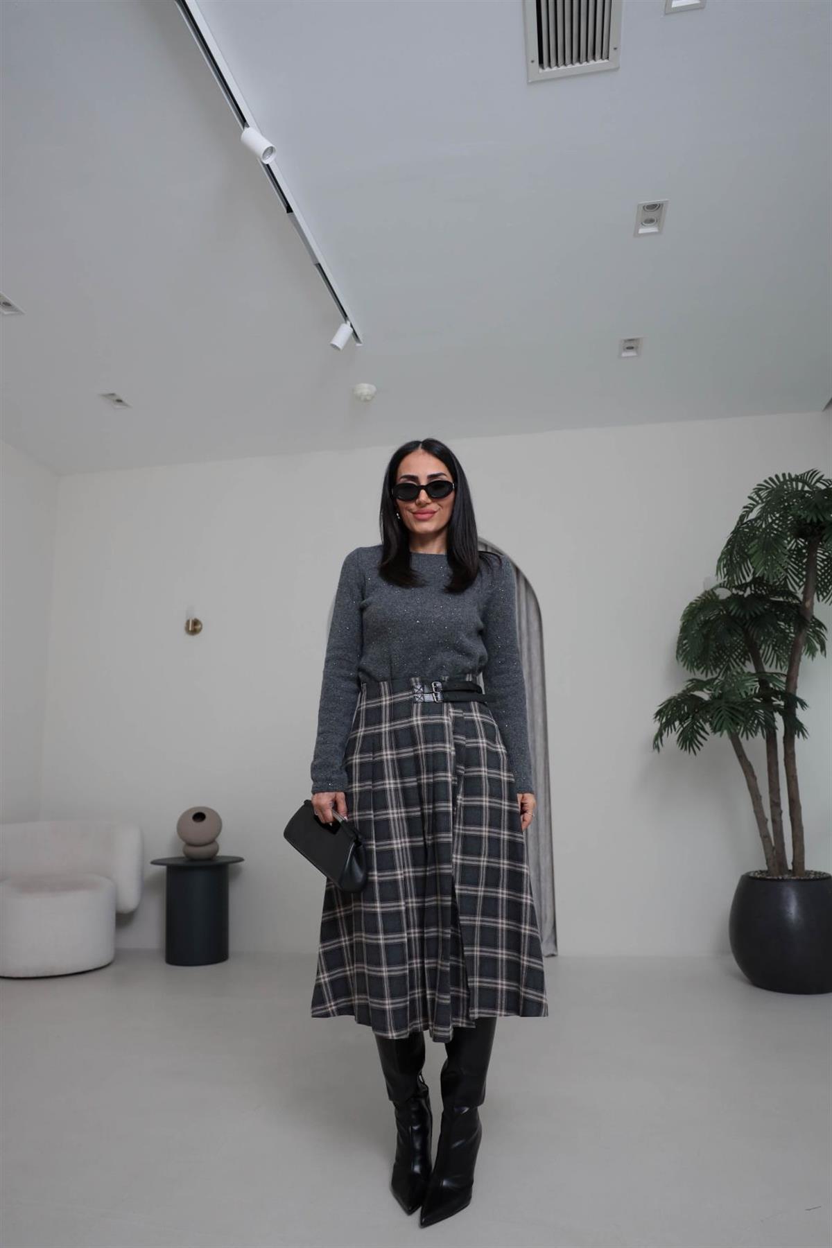 4228 Çift Kemer Detaylı Ekose Etek FÜME