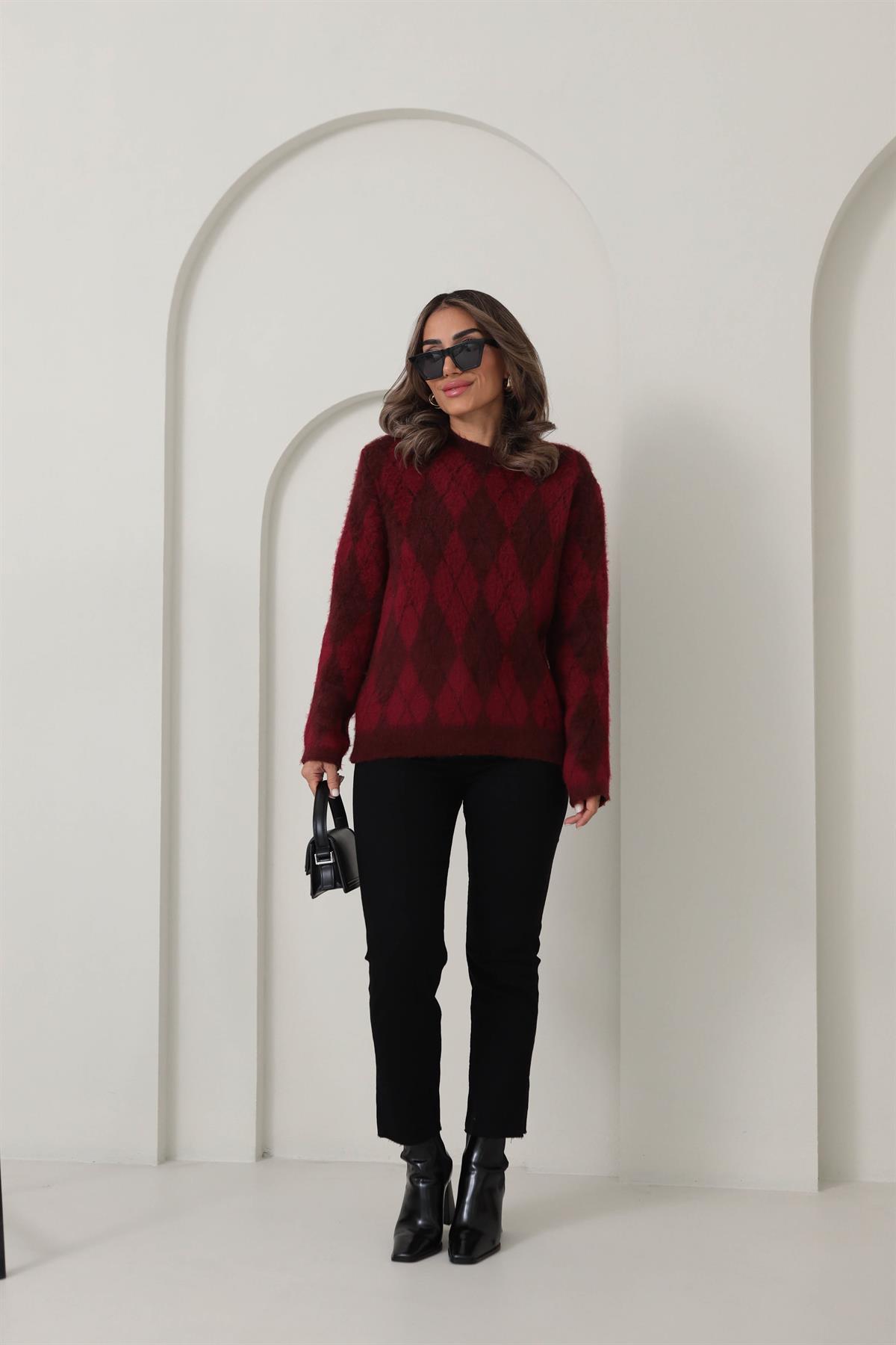 0118 Bisiklet Yaka Baklava Desenli Kazak