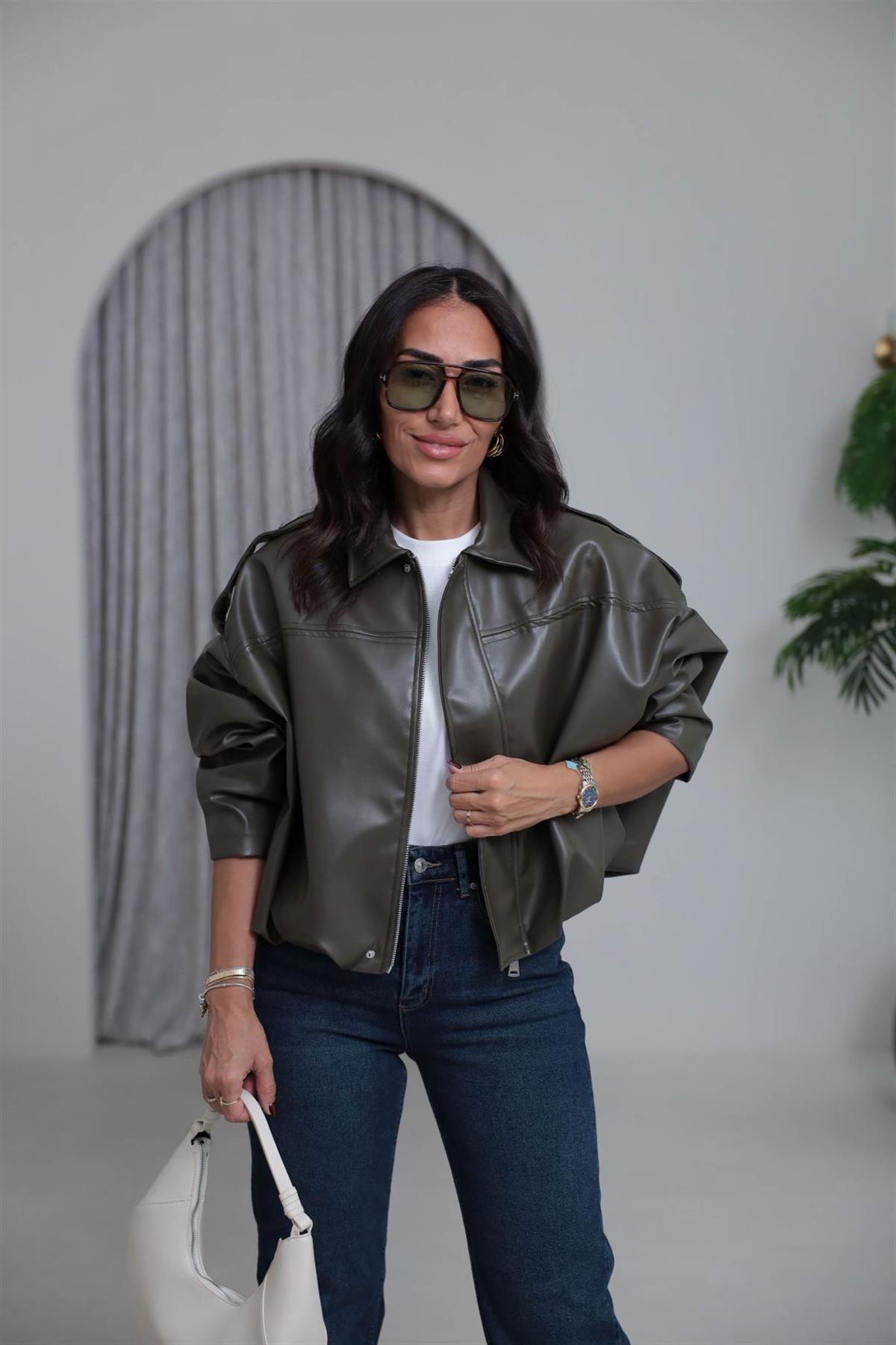 4221 Gömlek Yaka Suni Deri Bomber Ceket HAKİ YEŞİL