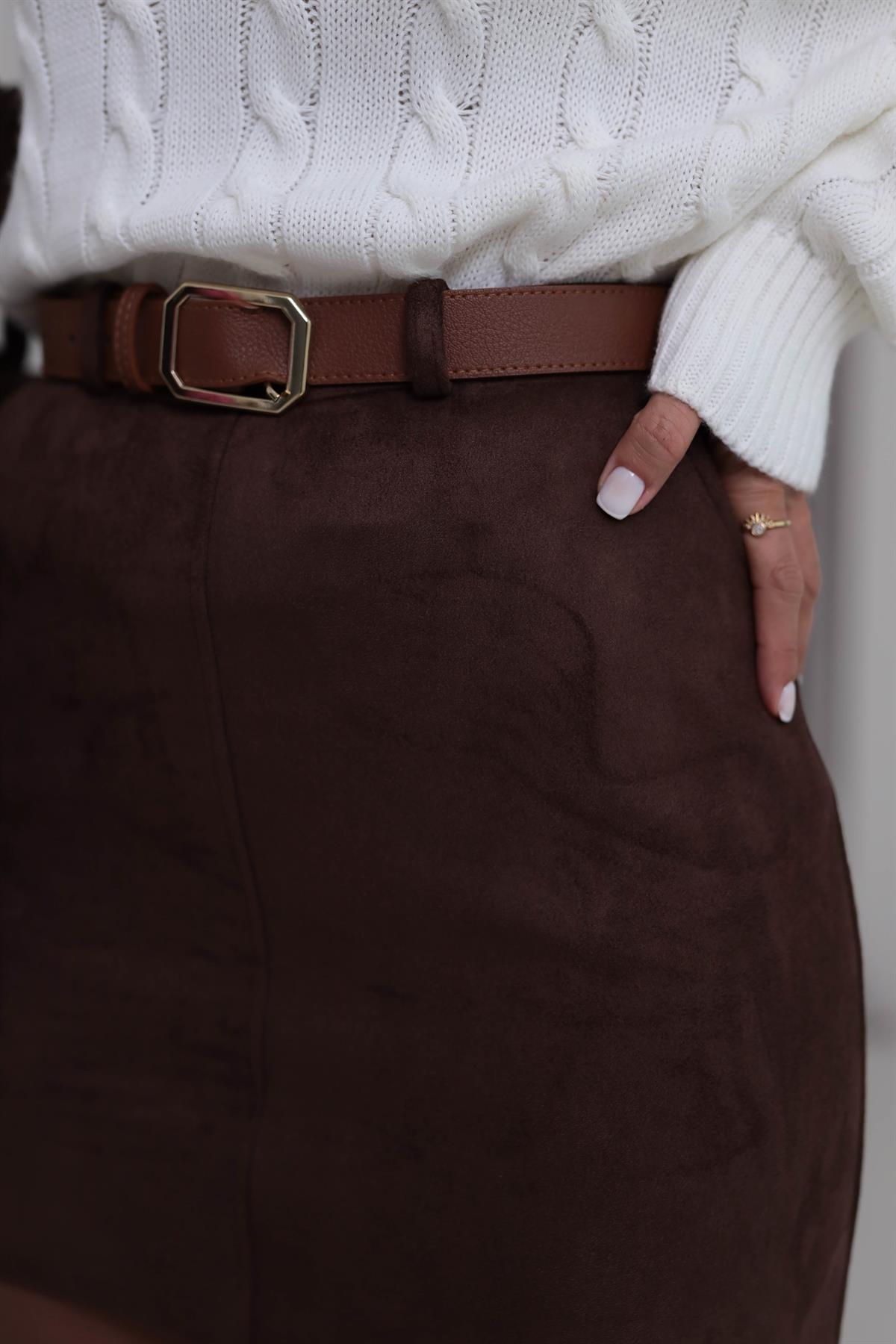 0093 Kemerli Mini Süet Etek ACI KAHVE