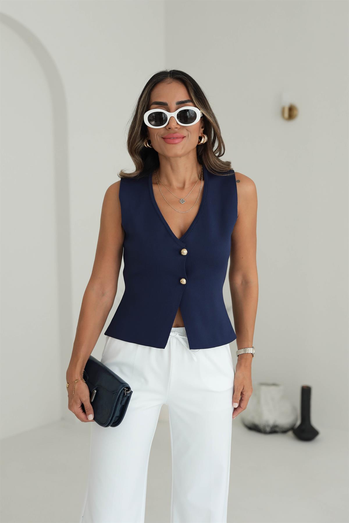 4449 Gold Düğmeli Triko Yelek LACİVERT