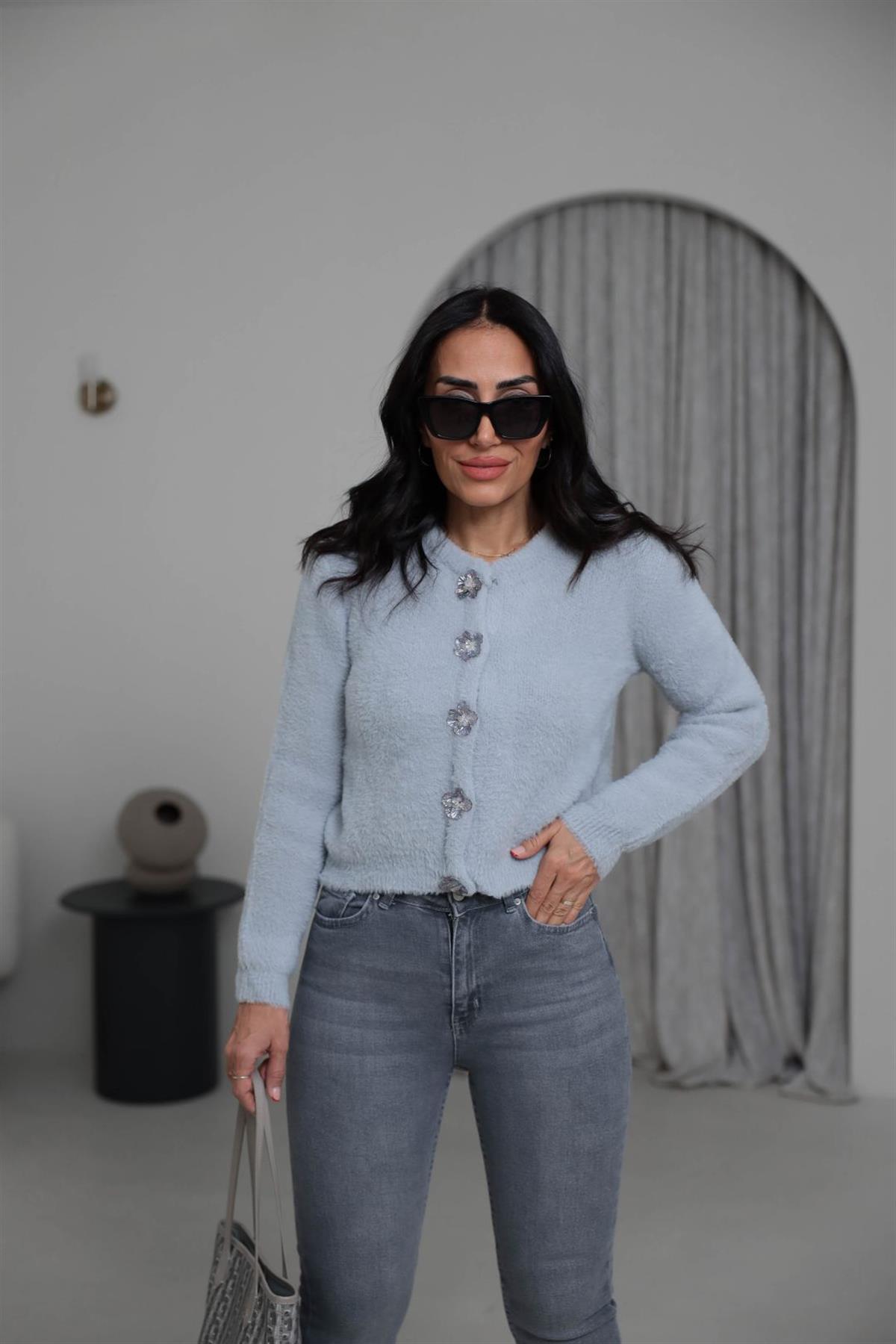 314 Çiçek Düğmeli Çıtçıtlı Yumoş Hırka AÇIK GRİ