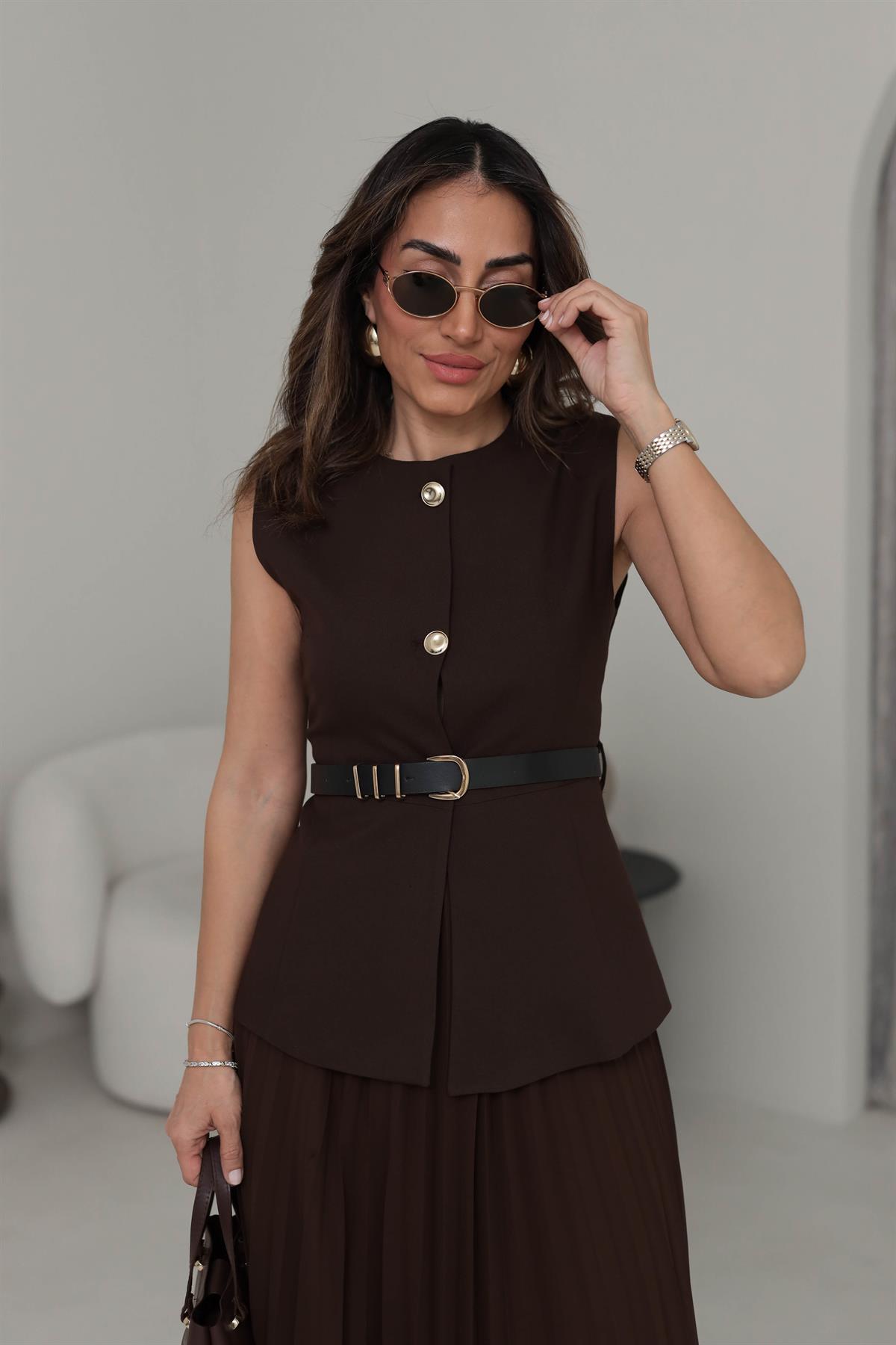 0300 Gold Düğmeli Kemerli Yelek ACI KAHVE