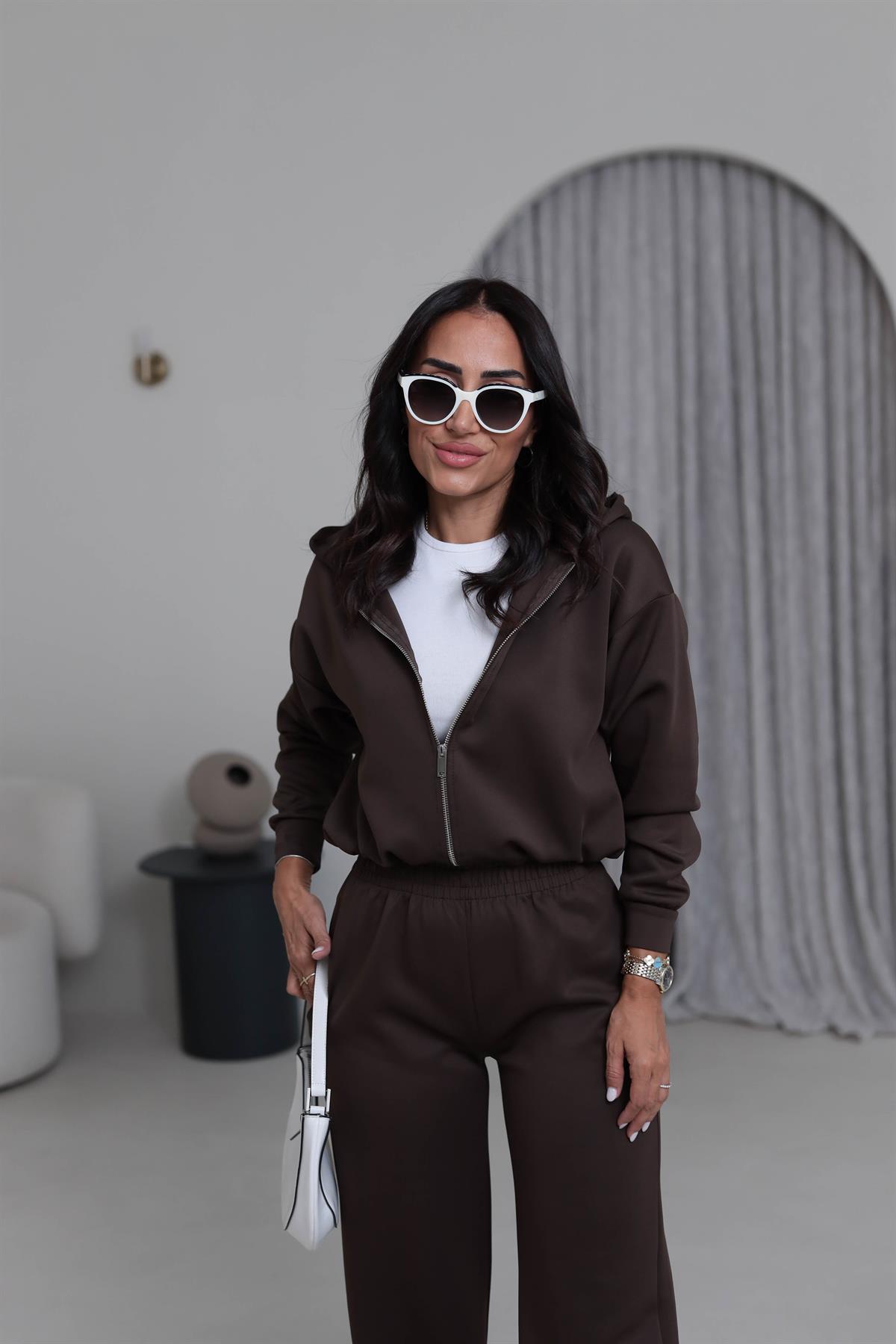 4202 Kapşonlu Büzgü Detay Scuba Takım KAHVE