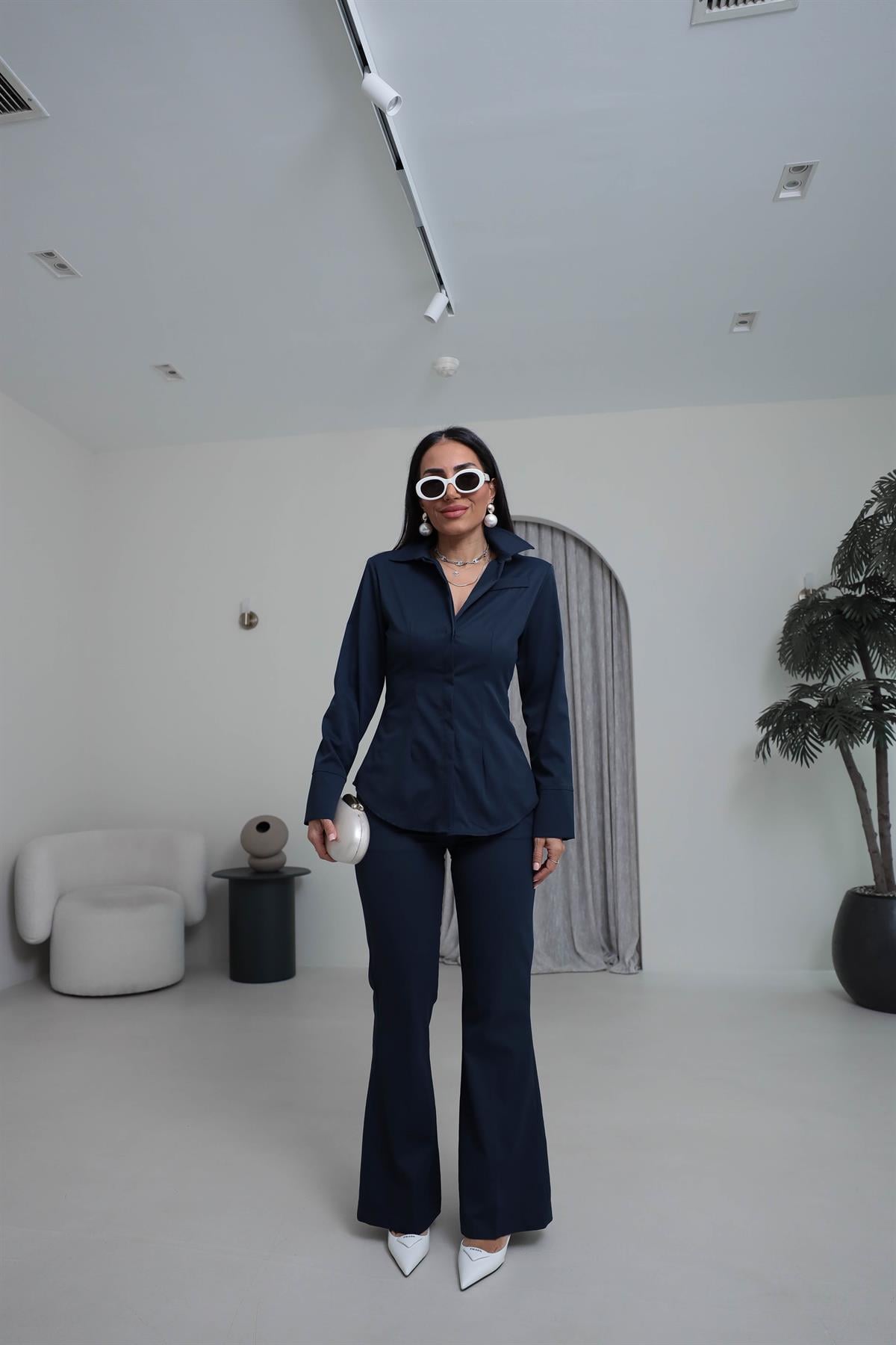 0830 Vatkalı ve Cep Detaylı Gömlek Pantolon Takım LACİVERT