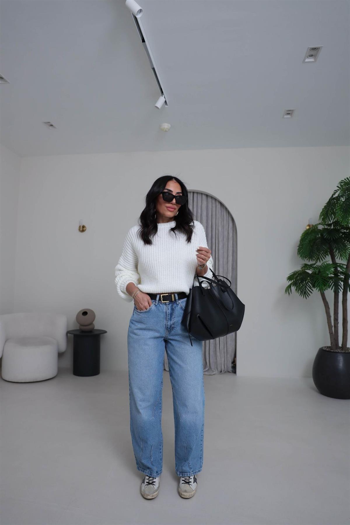 3579 Bisiklet Yaka Örme Oversize Kısa Kazak EKRU