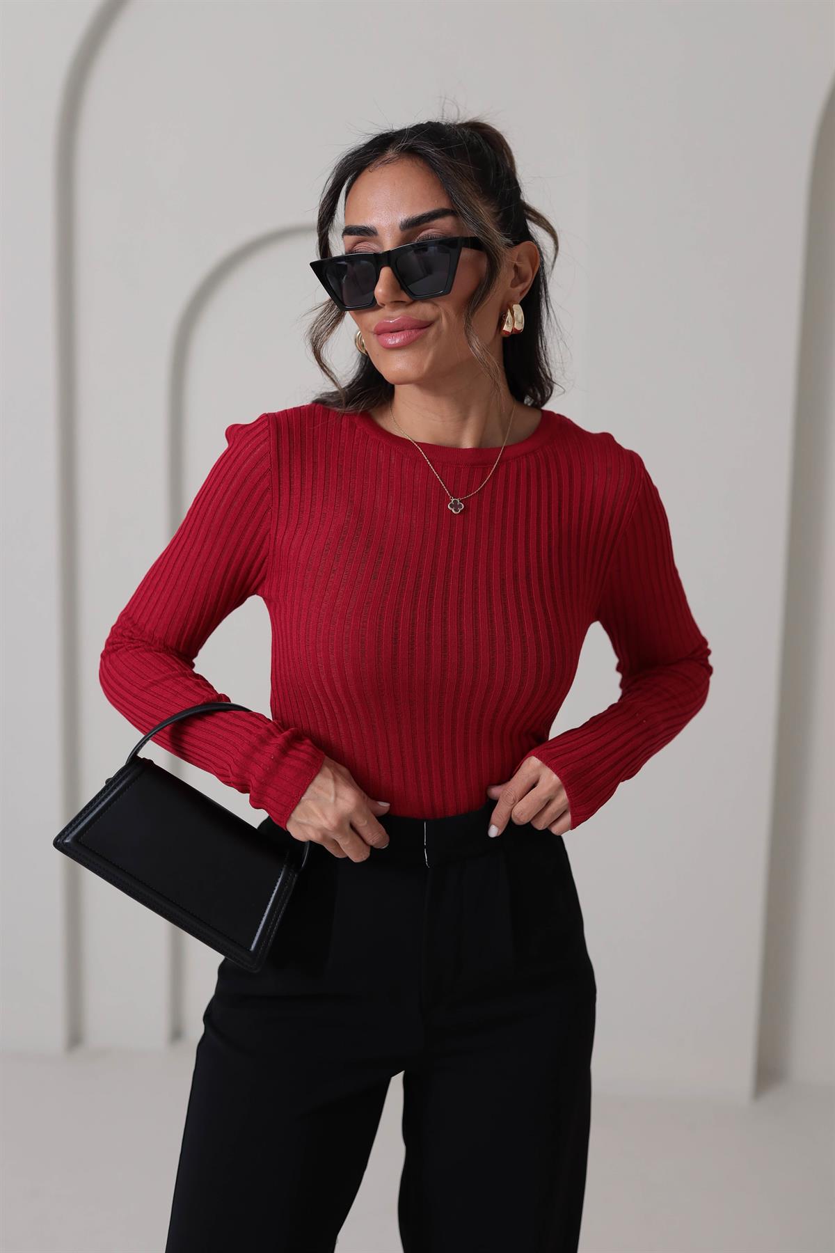 4107 Transparan Detaylı Triko Bluz KIRMIZI