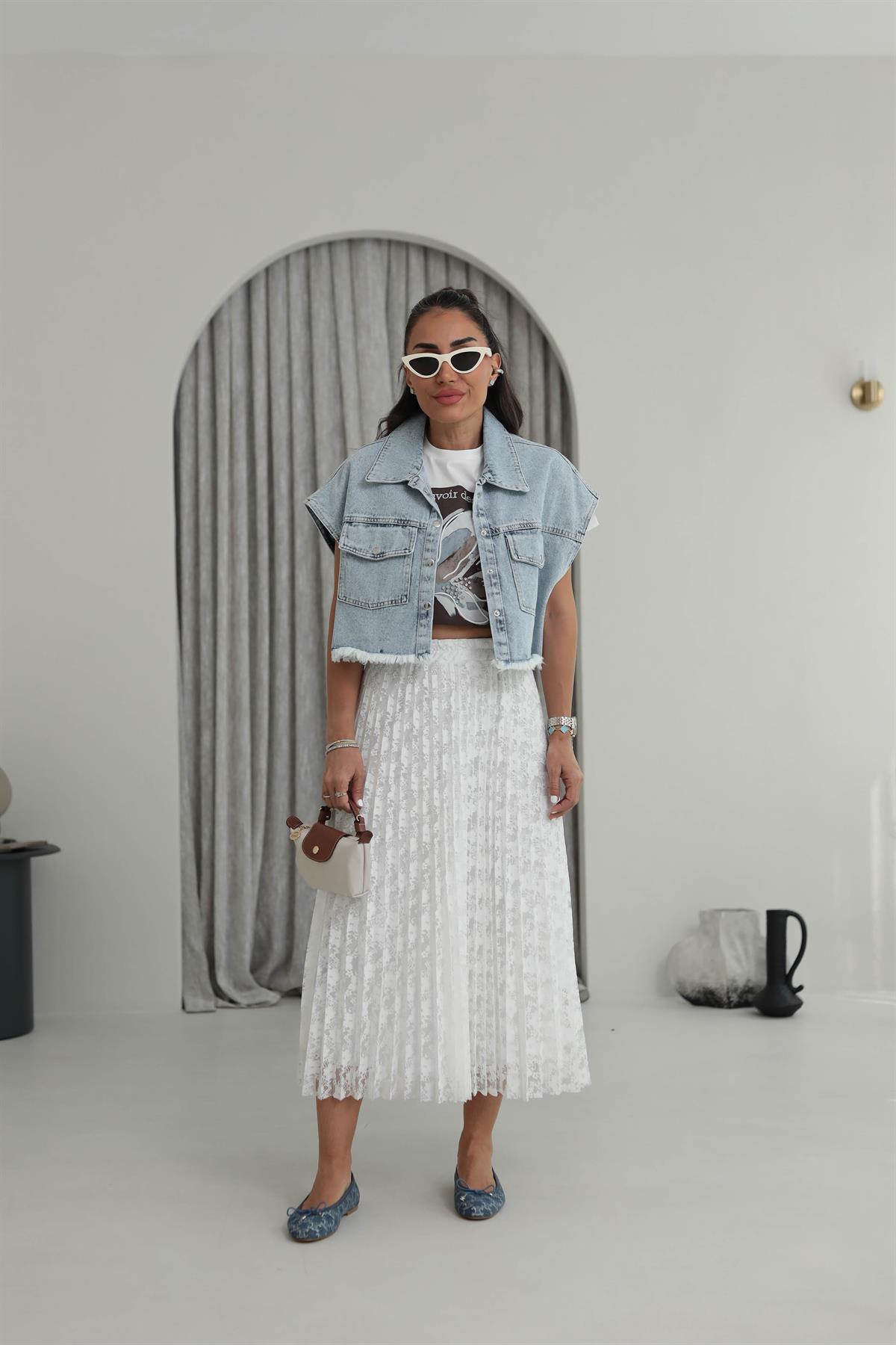 7206 Dantelli Pliseli Etek BEYAZ