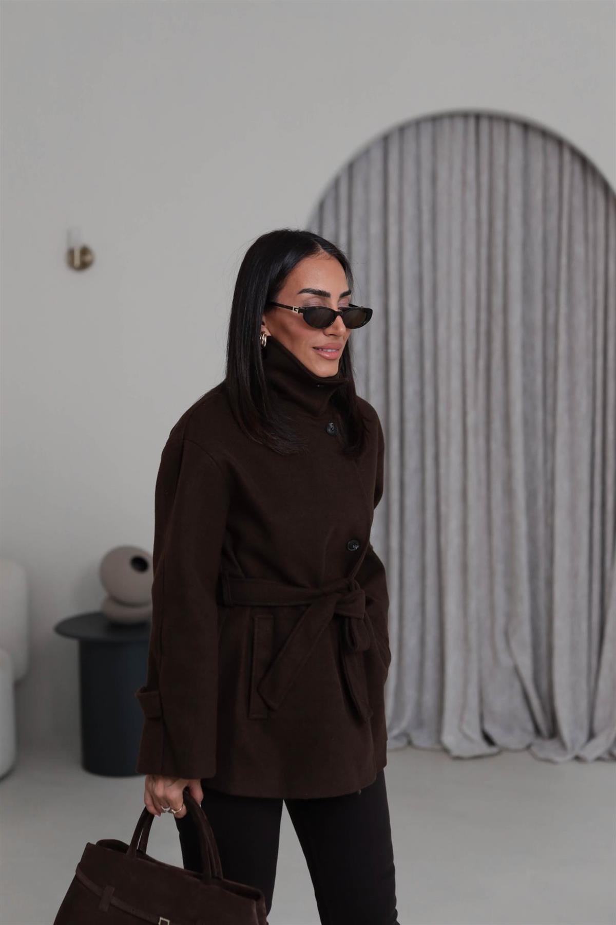 0646 Kuşaklı Yakalı Kaşe Kaban KAHVE