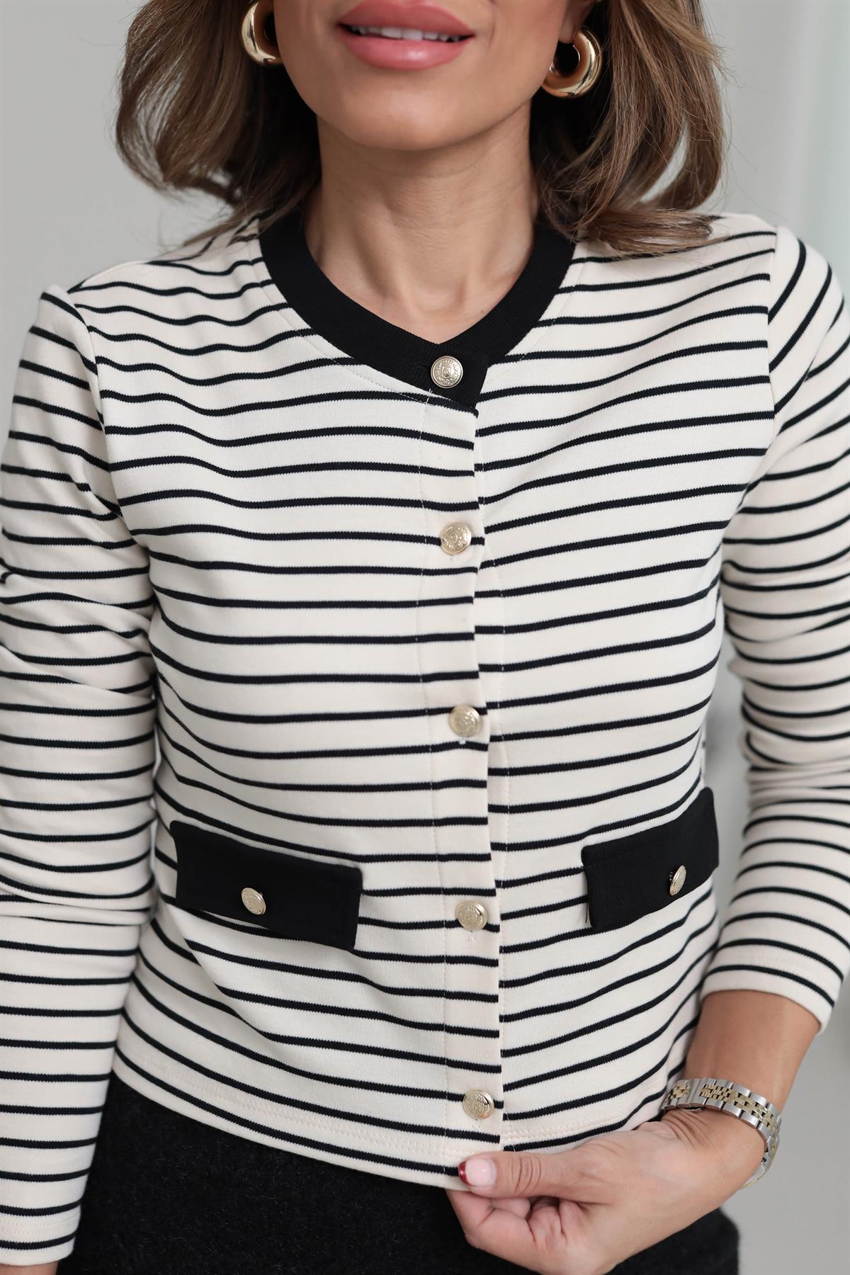 6459 Çizgili Gold Düğmeli Pamuklu Hırka SİYAH-EKRU