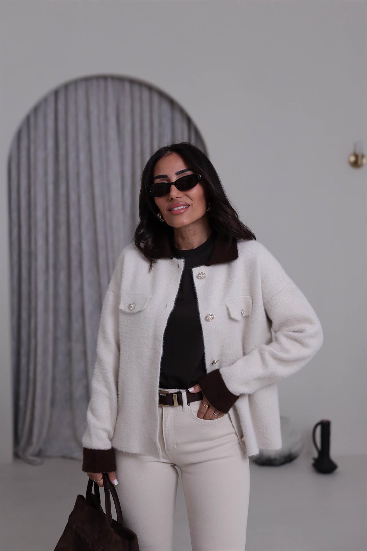 5259 Kontrastlı Polo Yaka Angora Ceket Hırka KREM